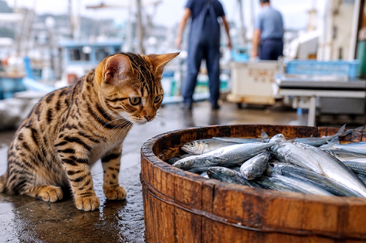 「わぁ〜!とれたてピチピチのお魚がいっぱいニャ!🐟✨ つまみ食いしちゃダメかな…?🤤🐾 #漁港 #トイガー #子猫のいる生活」Ultra-realistic high-quality photograph of a striking Toyger cat eagerly looking at a wooden tub overflowing with fresh, silver-scaled fish at a bustling fishing port. The cat's beautiful leopard-like rosette markings and focused expression stand out against the lively background of fishermen and boats. 活気あふれる漁港の岸壁で、木桶に山盛りになった新鮮な青魚(イワシやサバ)を身を乗り出して見つめるトイガーの子猫。美しいロゼット模様(ヒョウ柄)の被毛を持つ猫の鋭い視線と、魚の銀色に光るウロコ、背景で働く漁師たちの姿が、港町の臨場感を伝えます