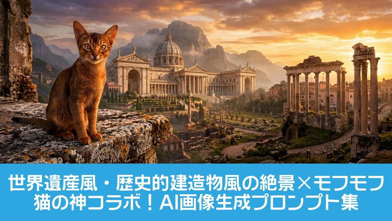 「かつての栄華を今に伝える古代都市と、その歴史を静かに見守り続けてきたかのような高貴な猫ちゃん🐈✨ 黄金色の夕日と遺跡の組み合わせは、まるで映画のワンシーンみたい🎬🌅 #ローマ遺跡 #アビシニアン #絶景の世界」Ultra-realistic high-quality photograph of an elegant Abyssinian-style cat sitting on a mossy stone wall, overlooking a majestic ancient city with a grand domed basilica and Roman ruins with classical columns, all bathed in the golden light of a dramatic sunset with misty mountains in the background. 黄金色の夕焼け空と霧がかった雄大な山々を背景に、ドーム型の壮麗な大聖堂や古代ローマ風の列柱遺跡が広がる古代都市。手前の苔むした石垣の上に座り、こちらをじっと見つめる気品あるアビシニアン風の猫を捉えた超高画質なファンタジー風景写