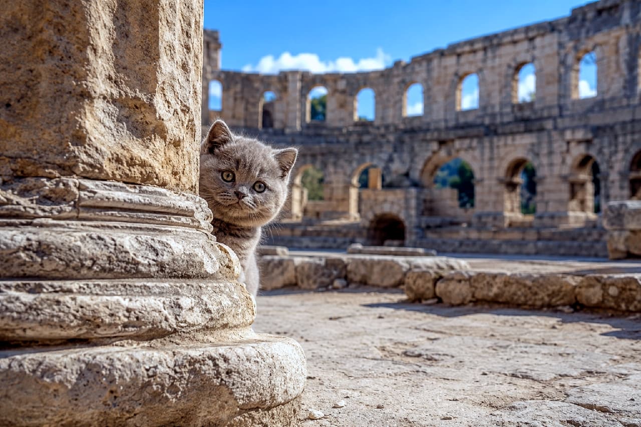 「古代の闘技場に、モフモフの小さな剣闘士がひょっこり登場!?🐾🏛️ かくれんぼしてるみたいでキュンとしちゃう💖」Ultra-realistic high-quality photograph of a British Shorthair kitten peeking out from behind a massive textured stone column in an ancient Roman amphitheater. The kitten's plush blue-grey coat and large copper eyes contrast beautifully with the sunlit ancient ruins under a bright blue sky. 晴れ渡る青空の下、古代ローマの円形闘技場(コロッセオ風)の遺跡を背景に、手前の巨大な石柱の陰から顔を覗かせるブリティッシュショートヘアの子猫の高画質写真。密度の高いブルーグレーの被毛と丸い輪郭、好奇心旺盛なカッパー(銅色)の大きな瞳が、石の硬質なテクスチャや強い日差しが生み出すコントラストの中で美しく際立っています