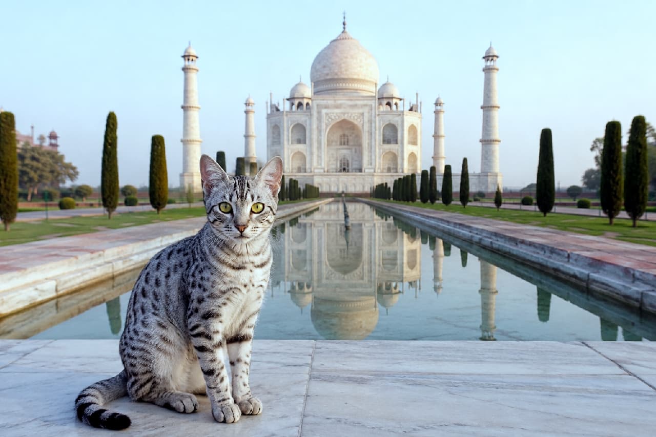 「気高き美しさに息をのむ…🕌✨タージ・マハルを背に、凛と佇むエジプシャンマウちゃんのシンメトリーな世界観が素敵すぎ!」Ultra-realistic high-quality photograph of a spotted Egyptian Mau cat sitting elegantly on a white marble platform in front of the Taj Mahal. The iconic mausoleum and its long reflecting pool are perfectly centered under a soft morning sky, with the cat's striking green-gold eyes and patterned fur creating an exquisite focal point. 白大理石の美しいタージ・マハルと長い反射池を背景に、手前の大理石の床に美しく背筋を伸ばして座るエジプシャンマウ(またはシルバータビーの猫)。被毛には鮮明な黒いスポット模様があり、グリーンがかった美しい瞳でまっすぐこちらを見つめています。朝霧のような柔らかな光が満ちた、極めて高精細で対称的な美しい構図の写真