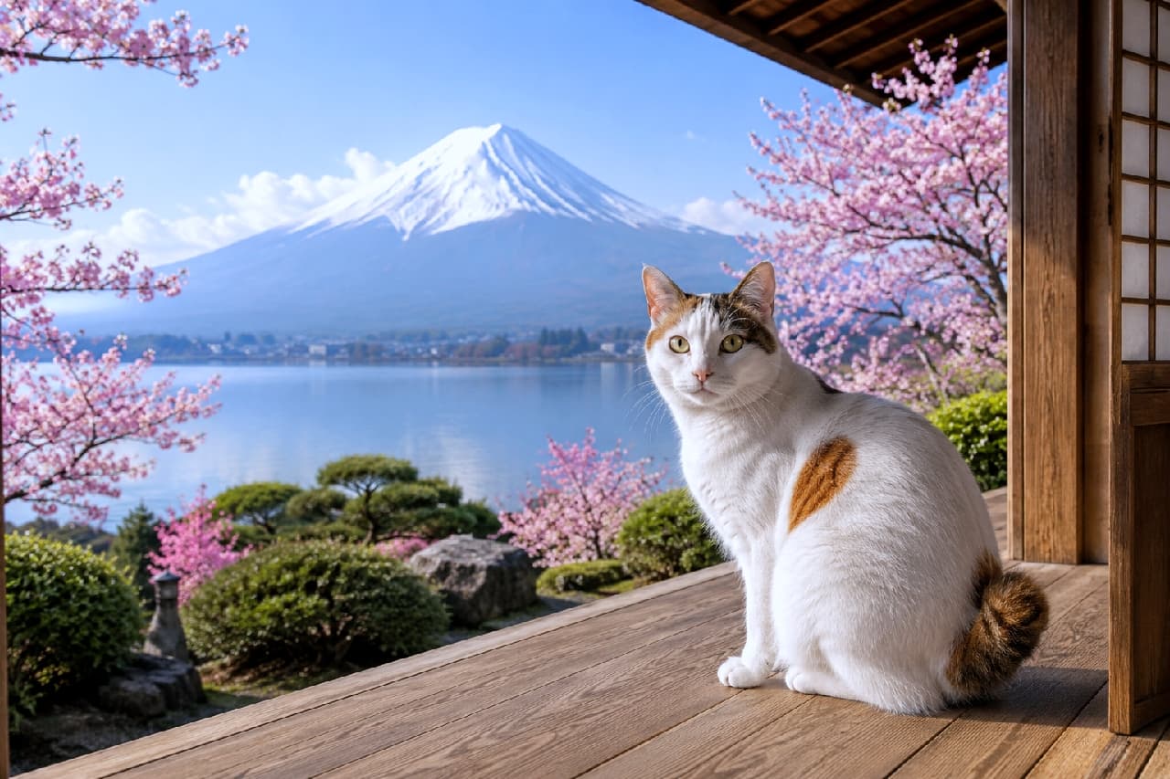 「桜、富士山、そして三毛猫!🌸🗻 日本の美しさが全部詰まった春の縁側で、猫ちゃんと一緒にひなたぼっこしたいニャ🍵🍡」Ultra-realistic high-quality photograph of a calico Japanese Bobtail cat sitting on the wooden porch of a traditional Japanese house. The cat features a vibrant white, orange, and black coat and a distinctive pom-pom tail. The breathtaking background showcases blooming pink cherry blossoms, a serene lake, and the snow-capped peak of Mount Fuji under a clear blue sky. 満開の桜と雪化粧をした壮大な富士山、穏やかな湖畔を望む伝統的な日本家屋の縁側に座る三毛猫(ジャパニーズボブテイル)の高画質写真。白地に茶色と黒の模様(キャリコ)が鮮やかで、丸くて短いポンポン尻尾が特徴的です。澄んだ空気と春の暖かな日差しを感じる、完璧な和の構図