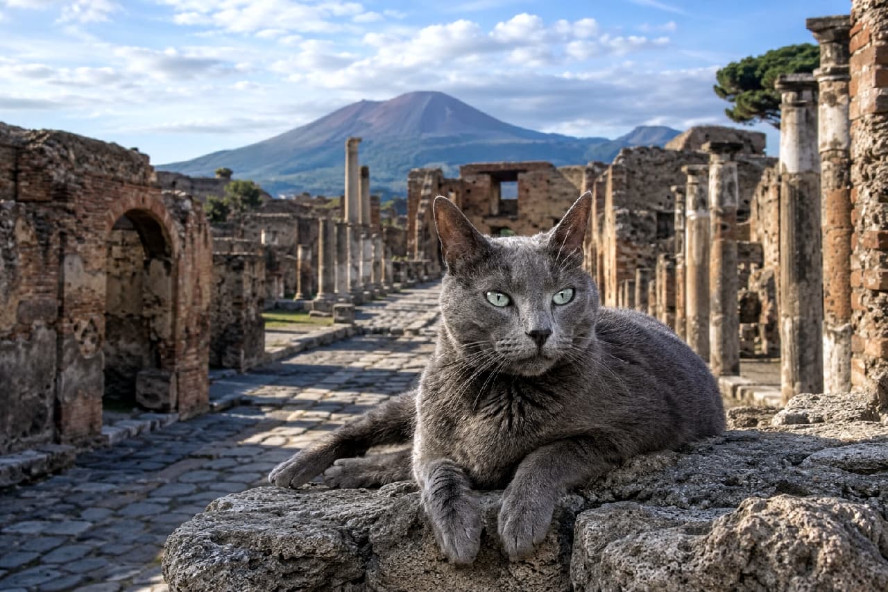 「歴史を見守り続けてきたような、堂々とした風格🐈⬛✨ 遺跡と猫ってどうしてこんなに似合うんだろう?🌋 #古代遺跡 #コラット」Ultra-realistic high-quality photograph of a silver-blue senior Korat cat resting on an ancient stone wall, with expansive Roman ruins and a large volcano in the background under a dramatic sky. 壮大な火山を背景にした古代ローマ風の石造り遺跡にて、手前の石垣に優雅に伏せるシニアのコラット猫。ブルーグレーの美しい被毛と神秘的な薄緑色の瞳が、歴史の重みを感じさせる超高画質な写真