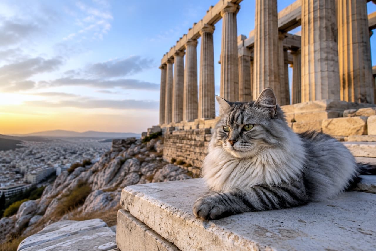 「古代ギリシャの神様も、このモフモフには敵わない!?夕日に染まる神殿と長毛猫ちゃんの神々しさにひれ伏しそう🐈👑✨」Ultra-realistic high-quality photograph of a majestic, long-haired silver tabby Siberian cat resting on the marble steps of an ancient Greek temple like the Parthenon. The scene is bathed in a golden sunset, with the cat's beautiful ruff and piercing green eyes looking out over the city below. 夕日に照らされた古代ギリシャの神殿(パルテノン神殿風)の石段でくつろぐ、長毛のシルバータビーのサイベリアン猫の高画質写真。豊かな首周りの飾り毛(ラフ)が美しく、凛としたグリーンの瞳で遠くの街並みを見つめています。大理石の質感とオレンジ色の光がノスタルジックな情景