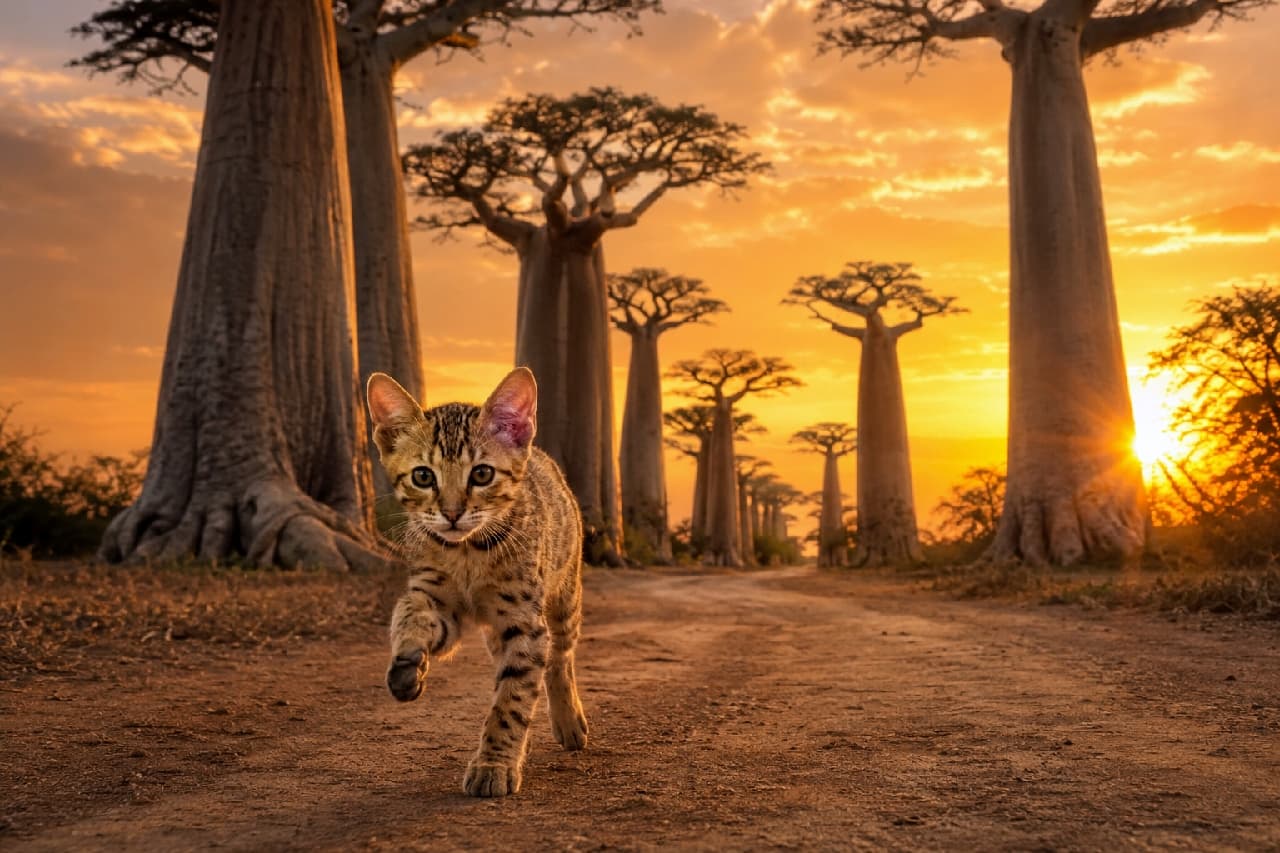 「黄金色の夕日に包まれて、小さな冒険の始まり!🌅🐾 ワイルドな模様と堂々とした歩きっぷりがカッコいい✨ #バオバブ #オシキャット」Ultra-realistic high-quality photograph of an Ocicat kitten walking confidently down a dirt road lined with massive Baobab trees, illuminated by a breathtaking and dramatic golden sunset. 燃えるようなオレンジ色の夕日に照らされたマダガスカルのバオバブ並木道で、土煙を上げながら力強く前へ歩いてくるオシキャットの子猫。野生味あふれるスポット模様と自信に満ちた表情がドラマチックな超高画質写真