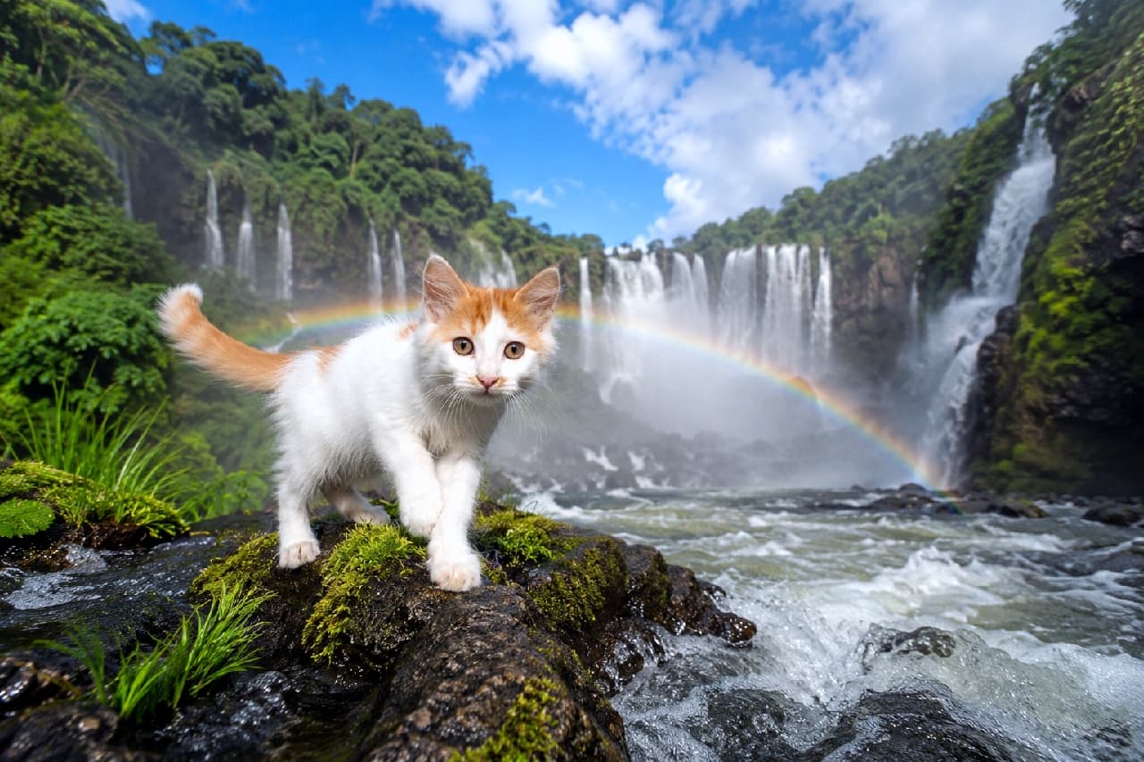 「大冒険へ出発しゅっぱーつ!🌈🐾 雄大な滝と茶白の子猫ちゃんの勇気ある一歩にキュンとしちゃう💖」Ultra-realistic high-quality photograph of a playful Turkish Van kitten standing on a mossy rock. In the background, a massive waterfall resembling Iguazu Falls cascades down lush green cliffs, complete with a beautiful rainbow. The kitten's fluffy fur and curious amber eyes are captured in stunning detail amidst the dynamic water spray. 巨大な滝と鮮やかな虹がかかる大自然(イグアスの滝風)を背景に、手前の苔生した岩の上に立つ遊び心のあるターキッシュバンの子猫の高画質写真。ふわふわの被毛と大きめの耳、くりっとしたアンバーの瞳で好奇心旺盛にカメラを見つめており、水しぶきや濡れた岩の質感が極めてリアルに描写されています
