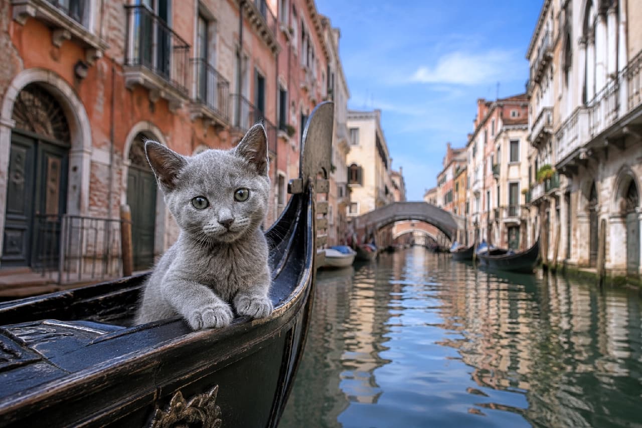 「水の都ヴェネツィアで、ゴンドラ周遊の旅へ出発ニャ🛶🇮🇹 ロシアンブルーの子猫船長のエスコート、最高すぎませんか?💙」Ultra-realistic high-quality photograph of a Russian Blue kitten with dense, velvety blue-grey fur riding in a traditional black gondola. The kitten looks at the camera with clear eyes. The background beautifully captures a Venetian canal, complete with historic brick buildings and a charming footbridge softly blurred in the distance. ヴェネツィアの美しい運河に浮かぶ黒いゴンドラの舳先から、身を乗り出してこちらを見つめるロシアンブルーの子猫の高画質写真。密度の高いブルーグレーのベルベットのような被毛と、微笑んでいるような口元、澄んだ瞳が印象的です。背景には歴史的なレンガ造りの建物と太鼓橋が美しく描写されています