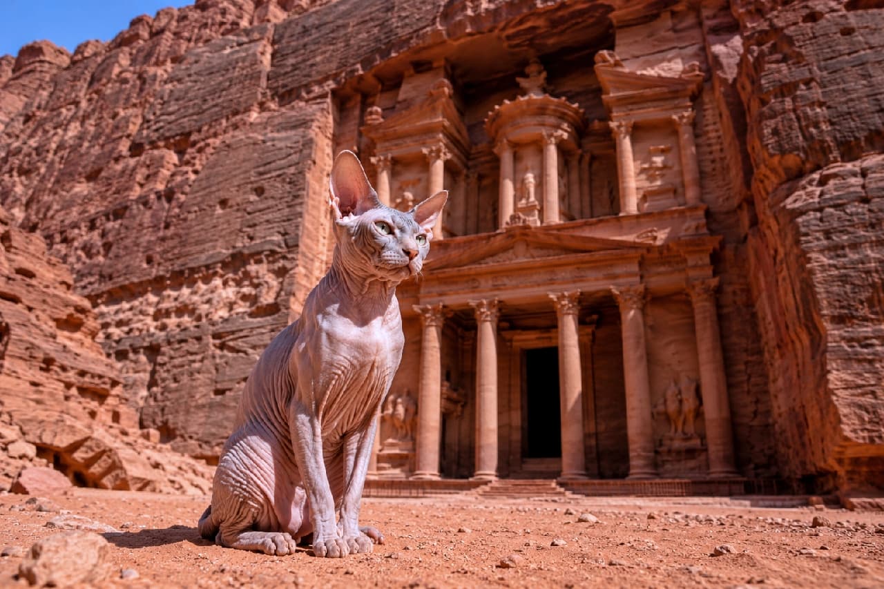 「まるで古代遺跡の守り神!🏜️👑 薔薇色の神殿とスフィンクス猫ちゃんの神秘的なオーラに引き込まれちゃう✨」Ultra-realistic high-quality photograph of a hairless Sphynx cat sitting regally in front of an ancient temple carved into a rose-red rock face, similar to Petra. The cat's wrinkled skin and large ears are highlighted by the strong desert sunlight. ペトラ遺跡のエル・ハズネのような巨大な岩山に彫られた古代神殿を背景に、堂々と座るスフィンクス猫の高画質写真。毛のない特有のシワのある皮膚の質感、大きな耳、神秘的なグリーンの瞳が、乾いた砂漠の強い日差しの下で克明に描写されています