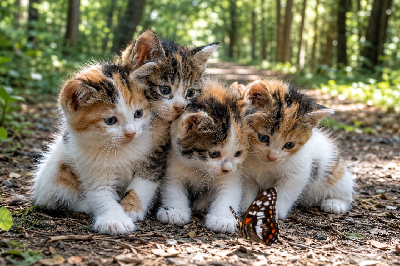 「森の探検隊、綺麗な蝶々を発見!🦋👀 みんなでギュッとくっついて見つめる真剣なお顔がたまらなくキュートですね🌳💖」Ultra-realistic high-quality photograph of four kittens, including vibrant calicos huddling together on a sunny forest path, intently watching a beautiful butterfly on the ground. The dappled sunlight on their soft fur and their innocent, curious expressions capture a magical moment of discovery in nature. 木漏れ日が差し込む新緑の森の小道で、足元に止まった美しい蝶々を身を寄せ合って見つめる4匹の子猫たち。鮮やかな三毛猫の柔らかな被毛が自然光に輝き、大きな瞳で蝶々を追う純真無垢な表情が、自然の中での新しい発見と好奇心に満ちた愛らしい一瞬を捉えています