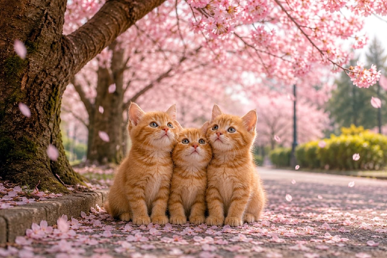 「ひらひら舞う桜の花びらに興味津々🌸✨ ピンク色の世界と茶トラちゃんたちの組み合わせが、最高にハッピーな春を運んできてくれますね🐈🌸」Ultra-realistic high-quality photograph of three ginger tabby kittens sitting neatly together on a path under blooming cherry blossom trees. The soft spring sunlight highlighting their orange coats, combined with their sparkling eyes looking up at the falling pink petals, creates a dreamy and deeply heartwarming spring scene. 満開の桜並木の下、花びらが舞い散る小道で行儀よく並んで座る3匹の茶トラの子猫たち。春の柔らかな陽光に透けるような明るいオレンジ色の縞模様の被毛と、舞い落ちる花びらを不思議そうに見上げるキラキラした丸い瞳が、春の訪れと多幸感に満ちた幻想的な情景を描き出しています