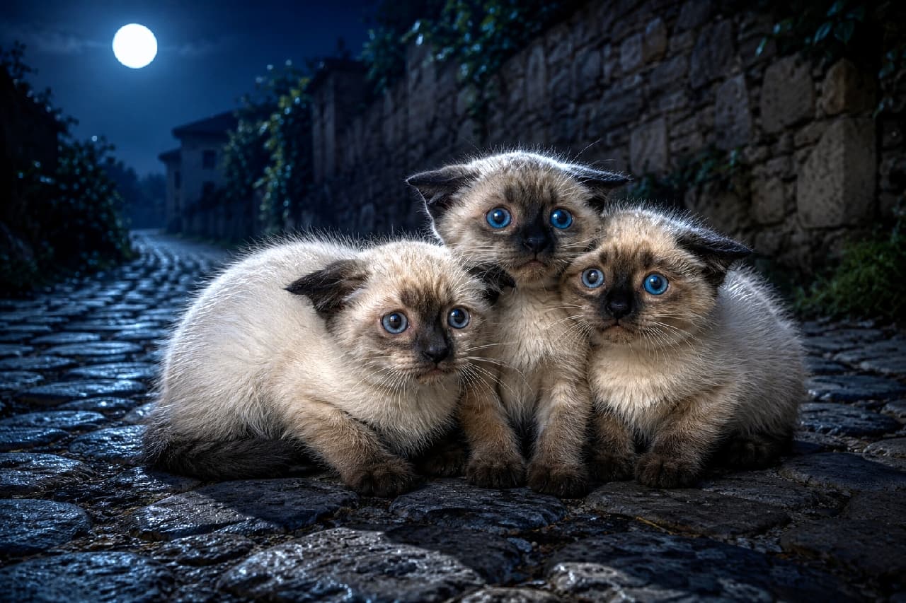 「お月様に見守られながら🌕✨ 宝石みたいなブルーの瞳で夜の街を生きる、小さな命の神秘的な一コマ🐈⬛💙」Ultra-realistic high-quality photograph of three Siamese-mix kittens huddling on a cobblestone street under a full moon. Their striking point coloration and glowing sapphire-blue eyes reflecting the moonlight create a mystical and slightly anxious atmosphere of surviving the night. 満月が浮かぶ夜、ヨーロッパ風の石畳の路地で身を寄せ合う3匹のシャムミックスの子猫たち。特徴的なポイントカラーの被毛と、月明かりに反射して宝石のように青く輝く瞳が、過酷な夜の街で生きる少し不安げで神秘的な情景を描き出す超高画質写真