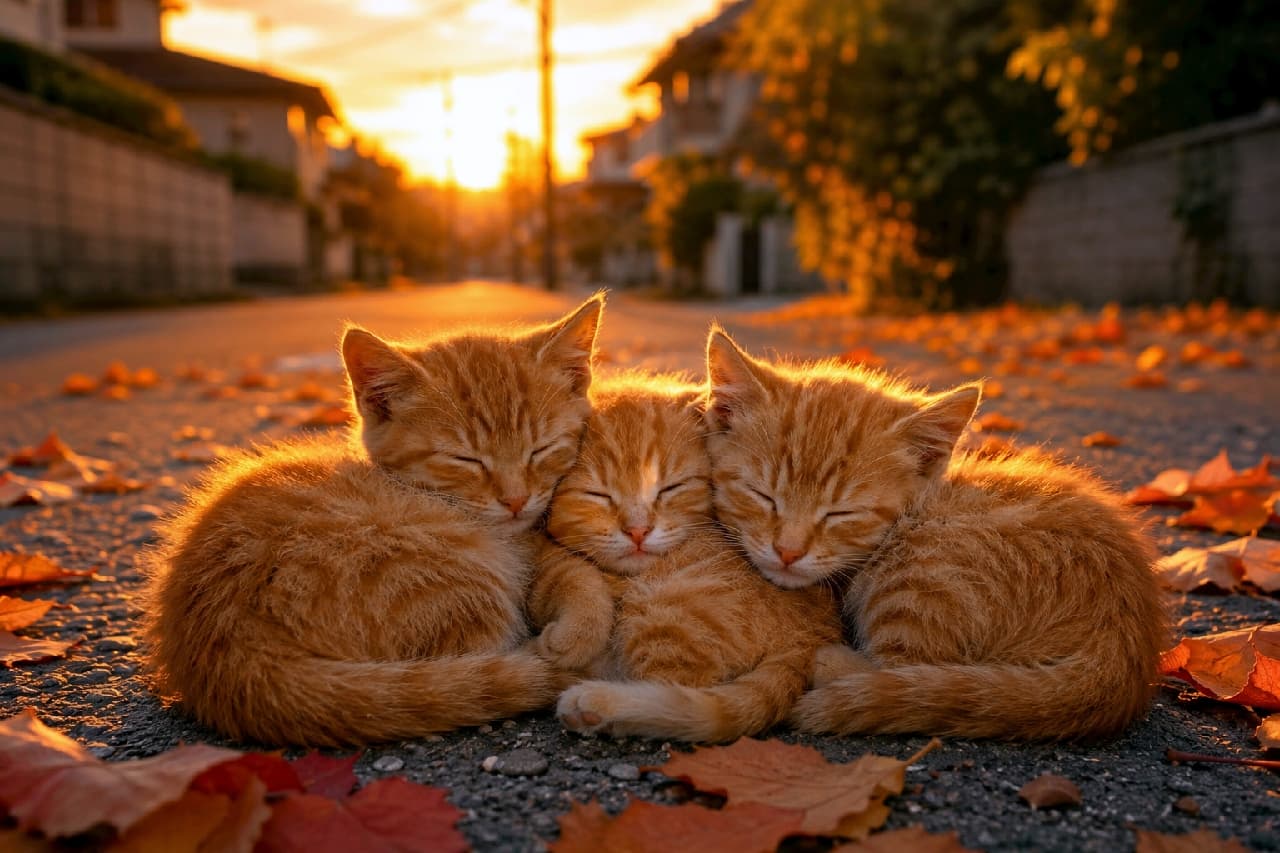 「秋の夕暮れ、ふかふかの落ち葉のベッドで仲良く夢の中へ…🍂🐱 温かい光に包まれた寝顔に1日の疲れも吹き飛びます✨」Ultra-realistic high-quality photograph of three ginger tabby kittens sleeping huddled together on a road scattered with autumn leaves. The warm golden sunset beautifully backlights their orange fur, emphasizing their peaceful expressions and a deeply nostalgic, heartwarming atmosphere. 秋の夕暮れ時、落ち葉が散らばるアスファルトの道路で身を寄せ合って眠る3匹の茶トラの子猫たち。柔らかな夕日(マジックアワーの光)がオレンジ色の被毛を黄金色に輝かせ、安心しきったギュッと目を閉じる寝顔とノスタルジックな背景が、極上の温かみを感じさせる超高画質写真
