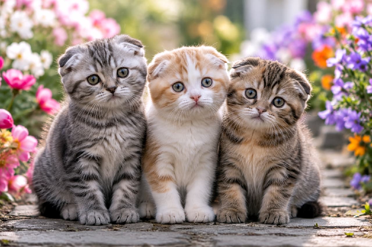 「お花見の特等席はここ!🌼 春の風を感じながら、3匹そろってハイ、チーズ📸 どんなお話ししてるのかな?🐾🌷」Ultra-realistic high-quality photograph of three Scottish Fold mix kittens (silver tabby, ginger-and-white, brown tabby) sitting closely together on a stone path surrounded by colorful spring flowers. Bathed in soft natural light, their innocent gazes and beautiful diverse coats exude a heartwarming sense of spring and pure joy. カラフルな春の花々に囲まれた石畳の道で、ピッタリと寄り添って座る3匹の垂れ耳(スコティッシュフォールド・ミックス)の子猫たち。サバトラ、茶白、キジトラのそれぞれ異なる美しい毛並みが柔らかな自然光に照らされ、カメラをじっと見つめるあどけない表情が、春の訪れを祝うような多幸感あふれる一枚