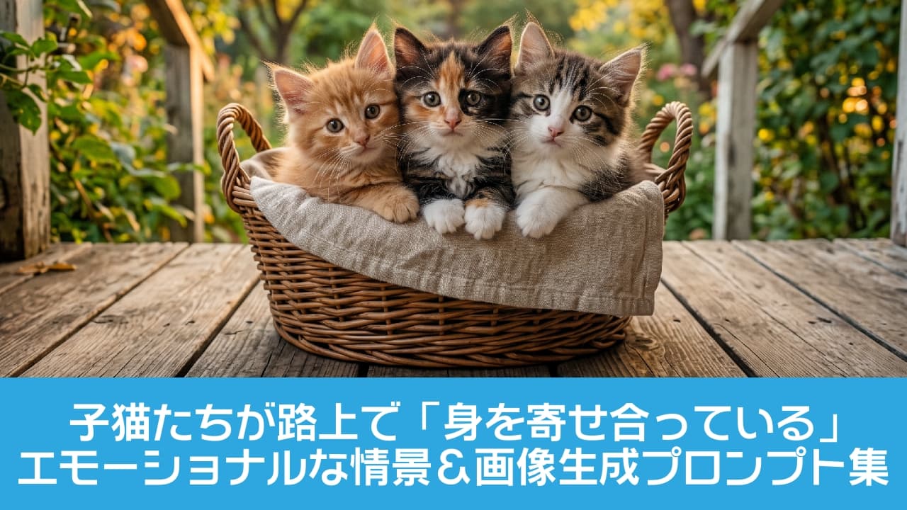 「ぽかぽかお天気で、お外の空気はおいしいね☀️🌿 カゴの中でギュッとくっつく仲良し3きょうだいに、心もほっこり温まります🐈🧺✨」Ultra-realistic high-quality photograph of three diverse kittens—an orange tabby, a calico, and a tabby-and-white—huddling closely together inside a linen-lined wicker basket on a rustic wooden porch. The background features lush green foliage beautifully illuminated by the warm, golden bokeh of the late afternoon sun, highlighting the kittens' fluffy coats, tiny white paws, and intensely curious bright eyes. 黄金色の夕陽が透ける緑豊かな庭を背景に、古いウッドデッキの上に置かれたリネン敷きの籐カゴの中で、ギュッと身を寄せ合う3匹の子猫たち。左からふんわりとした茶トラ、顔の中心で色が分かれた個性的な柄の三毛猫、そして真っ白な前足をちょこんと出したキジ白。3匹とも好奇心旺盛な丸い瞳でまっすぐカメラを見つめており、自然の中で健やかに育つ命の輝きと、穏やかな午後の温もりを感じさせる高品質な情景