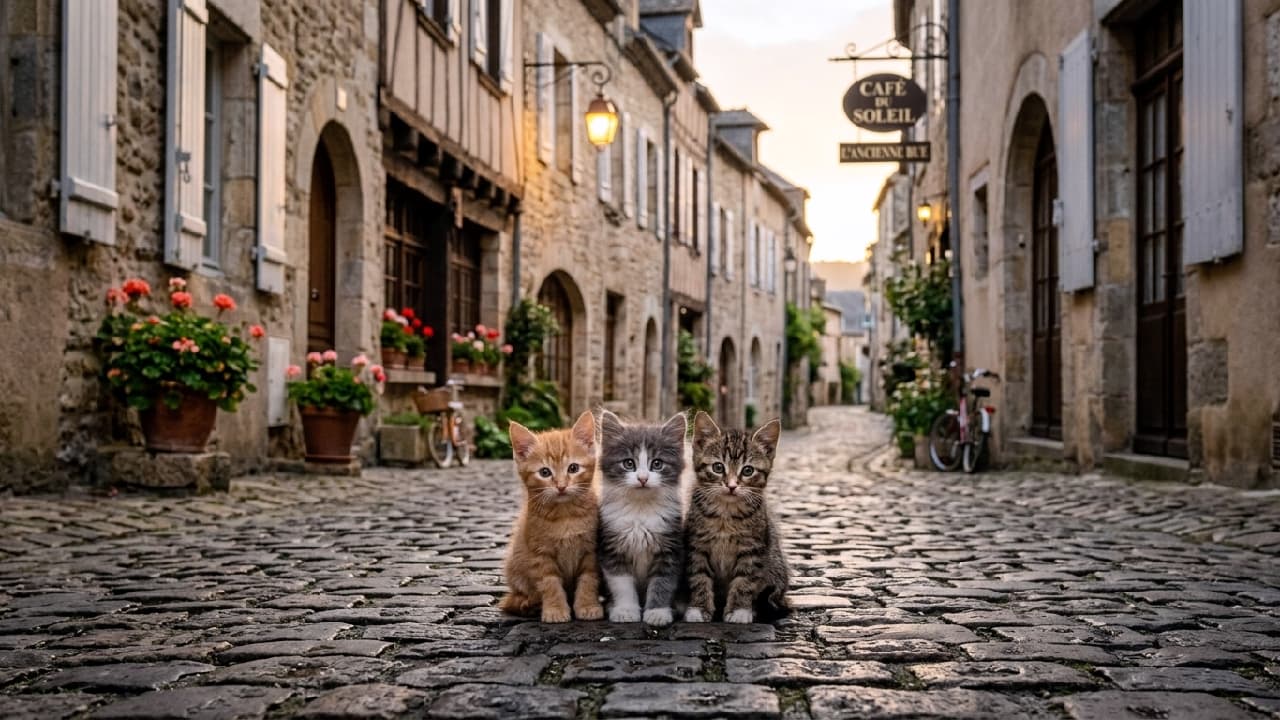 「ヨーロッパの路地裏で出会った、可愛すぎる看板猫のたまごたち🐈🇫🇷 カフェの前の特等席で、誰を待っているのかな?☕✨」Ultra-realistic high-quality photograph of three diverse kittens—an orange tabby, a fluffy silver tabby-and-white, and a brown tabby—sitting neatly together on a cobblestone alleyway in a charming European town with a cafe sign in the background. カフェの看板が見えるヨーロッパの趣ある石畳の路地で、行儀よく並んで座る3匹の子猫たち。明るい茶トラ、ふかふかのサバ白、そしてキジトラという異なる毛色の子たちが、柔らかな自然光の中で少し首を傾げながらこちらを見つめる、穏やかでノスタルジックな雰囲気の一枚