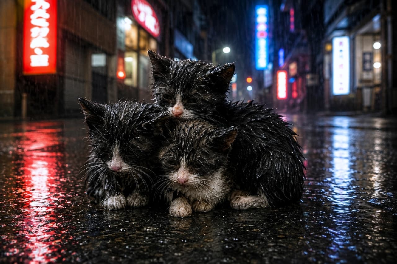 「冷たい雨の夜、小さな体を寄せ合って温め合う命☔️🐾 厳しい街角で懸命に生きる姿に、思わず手を差し伸べたくなりますね🥺✨」Ultra-realistic high-quality photograph of three soaking wet tuxedo kittens huddling closely together on rainy asphalt in a neon-lit city street at night. The hyper-realistic texture of their drenched fur and the reflections of colorful neon signs in the puddles create a deeply poignant and dramatic scene of urban survival. 冷たい雨が降る夜のネオン街のアスファルトの上で、寒さを凌ぐように重なり合う3匹のハチワレ(白黒)の子猫たち。雨にずぶ濡れになった被毛の痛々しいほどのリアルな質感と、水たまりに反射する赤や青のネオンサインの光が、過酷な都市環境で懸命に命を繋ぐ切実な情景をドラマチックに映し出しています