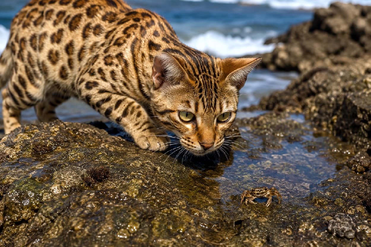 「絶対に負けられない戦いがここにある🔥カニ🦀vs猫🐾の真剣勝負、軍配はどっちに!?👀 #ベンガル #ハンター」Ultra-realistic high-quality photograph of a majestic Bengal cat with distinct leopard spots, crouching on a rocky shore and staring intensely at a small crab in a tide pool. The background features crashing white waves of the blue ocean, capturing a dramatic and powerful wildlife-inspired moment under bright daylight. 美しいロゼット模様を持つベンガル猫が、海岸の岩場にある潮だまりで小さなカニを鋭いグリーンイエローの瞳で見つめる姿。今にも飛びかかりそうな躍動感あるポーズで、背景には白く波立つ青い海と荒々しい岩肌が広がり、緊迫感と大自然の臨場感が緻密に表現されています