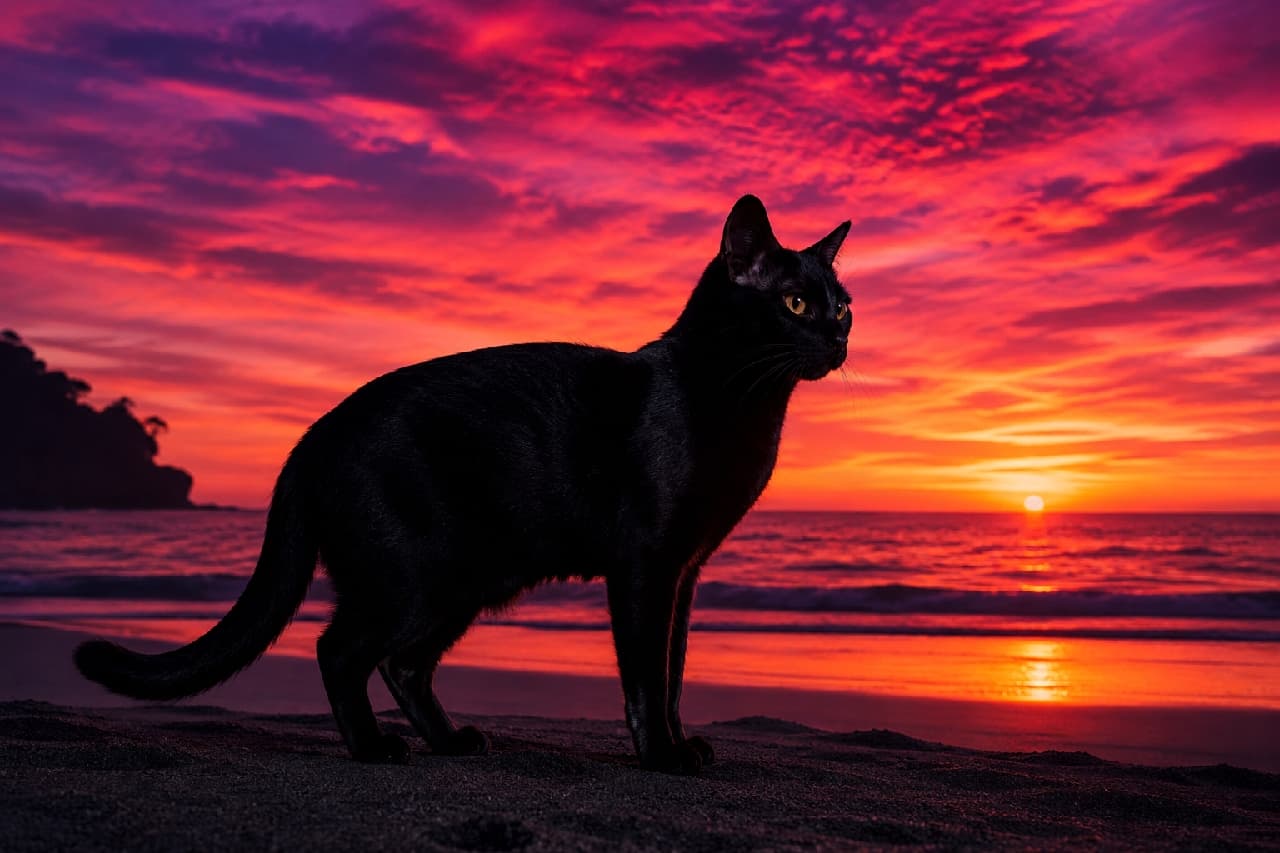 「夕焼けに染まる海と黒猫のシルエット。美しすぎて、言葉が出ない黄昏時…🌆🐈⬛ #黒猫 #夕焼け空」Ultra-realistic high-quality cinematic photograph of a sleek adult Bombay cat standing on a beach against a breathtaking, dramatic red and purple sunset sky. The cat forms a stunning silhouette, with only its piercing golden eye catching the fading light, creating a mysterious and artistic scene. 燃えるように真っ赤に染まったドラマチックな夕焼け空と海を背景に、砂浜に美しく立ち止まる成猫のボンベイのシルエット。夕暮れの暗がりの中で、滑らかな黒い被毛の輪郭と、わずかに光を反射する鋭いゴールドの瞳が神秘的な雰囲気を醸し出しています。大自然の雄大さと猫のシルエット美が融合したアートのような一枚