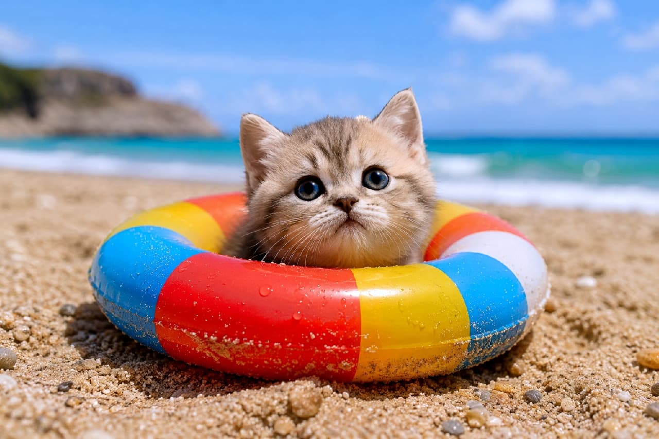 「海へ泳ぐ準備はバッチリだにゃ!ミニ浮き輪にすっぽり収まる天使を発見の巻👼ウインクしてほしい! #猫のいる暮らし #マンチカン」Ultra-realistic high-quality photograph of a fluffy round-faced Munchkin kitten nestled inside a colorful red, yellow, and blue swim ring on a sandy beach. The kitten gazes up with huge, glossy dark eyes. The background shows a stunning turquoise sea under a bright blue summer sky, creating a high-impact, adorable visual. 砂浜の上に置かれた赤・黄・青・白のカラフルな浮き輪の中にすっぽりと収まり、大きな潤んだ瞳で上を見上げる可愛いマンチカンの子猫。細かな砂の質感と、背景に広がるエメラルドグリーンの海、白い波、青空が夏らしさを全開に演出している超高画質な一枚