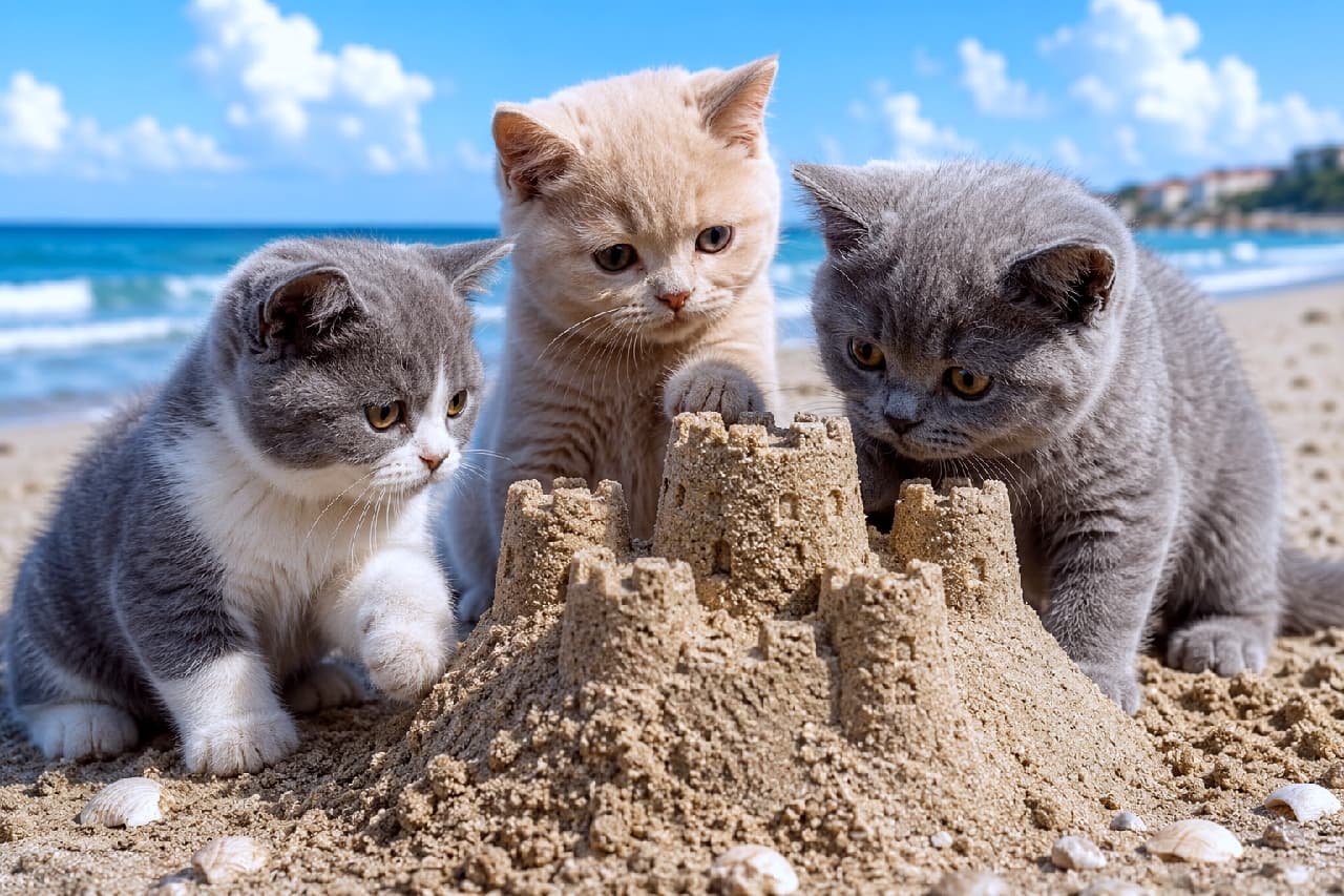「『ぼくたちが作ったんだにゃ!』🐱砂のお城の完成に大興奮のトリオにほっこり💖 #ハチワレ #砂遊び」Ultra-realistic high-quality photograph of three chubby British Shorthair kittens playing around a detailed sandcastle on a sunny beach. From left to right: a crisp grey-and-white bicolor, a cream-colored, and a solid blue (grey) kitten. The cream kitten reaches out a paw to touch the sandcastle, with gentle ocean waves in the background. 晴れた砂浜で、立派な砂のお城を囲んで遊ぶ3匹のふっくらとしたブリティッシュショートヘアの子猫たち。左から綺麗なハチワレ模様のグレー白、優しいクリーム色、そしてソリッドなブルー(グレー)の毛色です。真ん中の仔猫が前足でお城に触れようとする無邪気な姿が愛らしく、背景の青い波打ち際が夏休みのワクワク感を演出