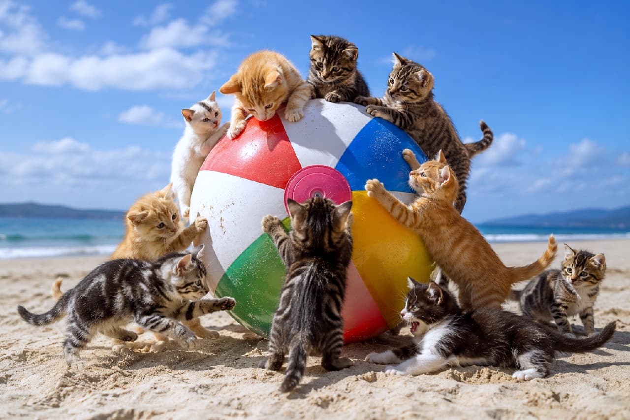 「絶対ボール落とさないにゃー!😹みんなで力を合わせて大はしゃぎのサマーバケーション🏖️✨ #猫団子 #子猫のいる生活」Ultra-realistic high-quality photograph of eight diverse kittens, including ginger, silver tabby, white, and hachiware bicolor, playfully swarming around a giant, colorful beach ball on a sunny sandy beach. The dynamic action and vibrant colors perfectly capture a joyful summer vibe. 晴れ渡った青空のビーチで、巨大なカラフルなビーチボールに群がって遊ぶ8匹の仔猫たち。茶トラ、サバトラ、白猫、黒白のハチワレなど多彩な毛色の子たちが、ボールによじ登ったり、立ち上がって前足を伸ばしたりと元気いっぱいです。砂の質感や弾けるような躍動感が、夏休みの楽しいワンシーンを完璧に表現
