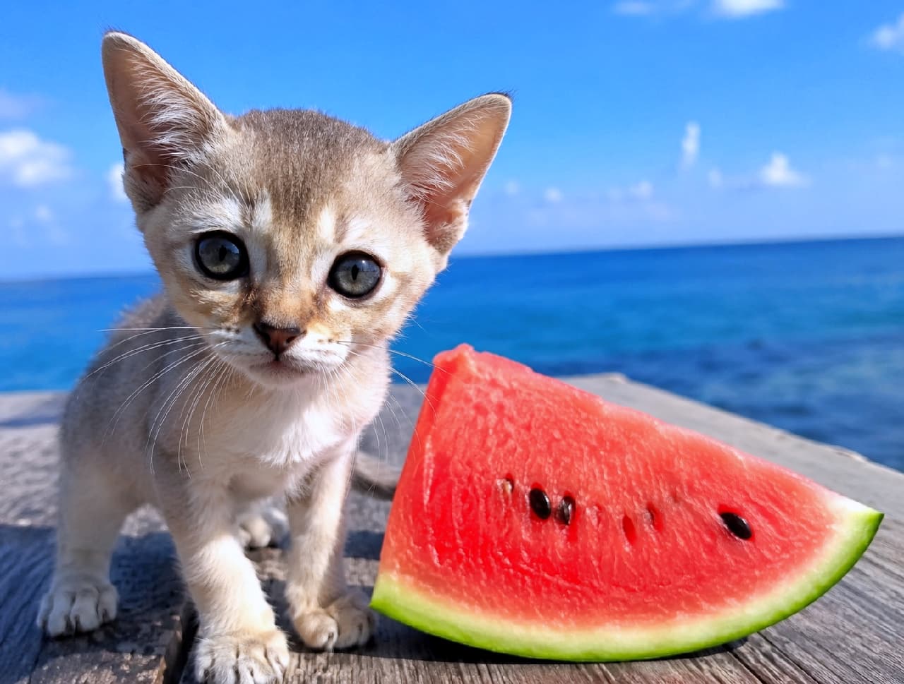 「『この赤いのおいしいの?』🍉不思議そうに見つめる子猫ちゃんのお顔がたまらない🥺💖 #夏の風物詩 #スイカと猫」Ultra-realistic high-quality photograph of a cute Singapura kitten with large, expressive eyes standing on a wooden deck next to a vibrant slice of red watermelon. The kitten's golden ticked tabby fur contrasts beautifully with the bright turquoise ocean and sky in the background under clear summer lighting. 木製のデッキの上に立つ、大きくて深みのあるグレーグリーンの瞳が特徴的な小さなシンガプーラの子猫。隣には鮮やかな赤いスイカの切り身が置かれています。子猫の美しい黄金色のティックドタビー(毛先に向かって色が変わる毛色)と、背景に広がる夏の青い海と空のコントラストが爽やかな一枚