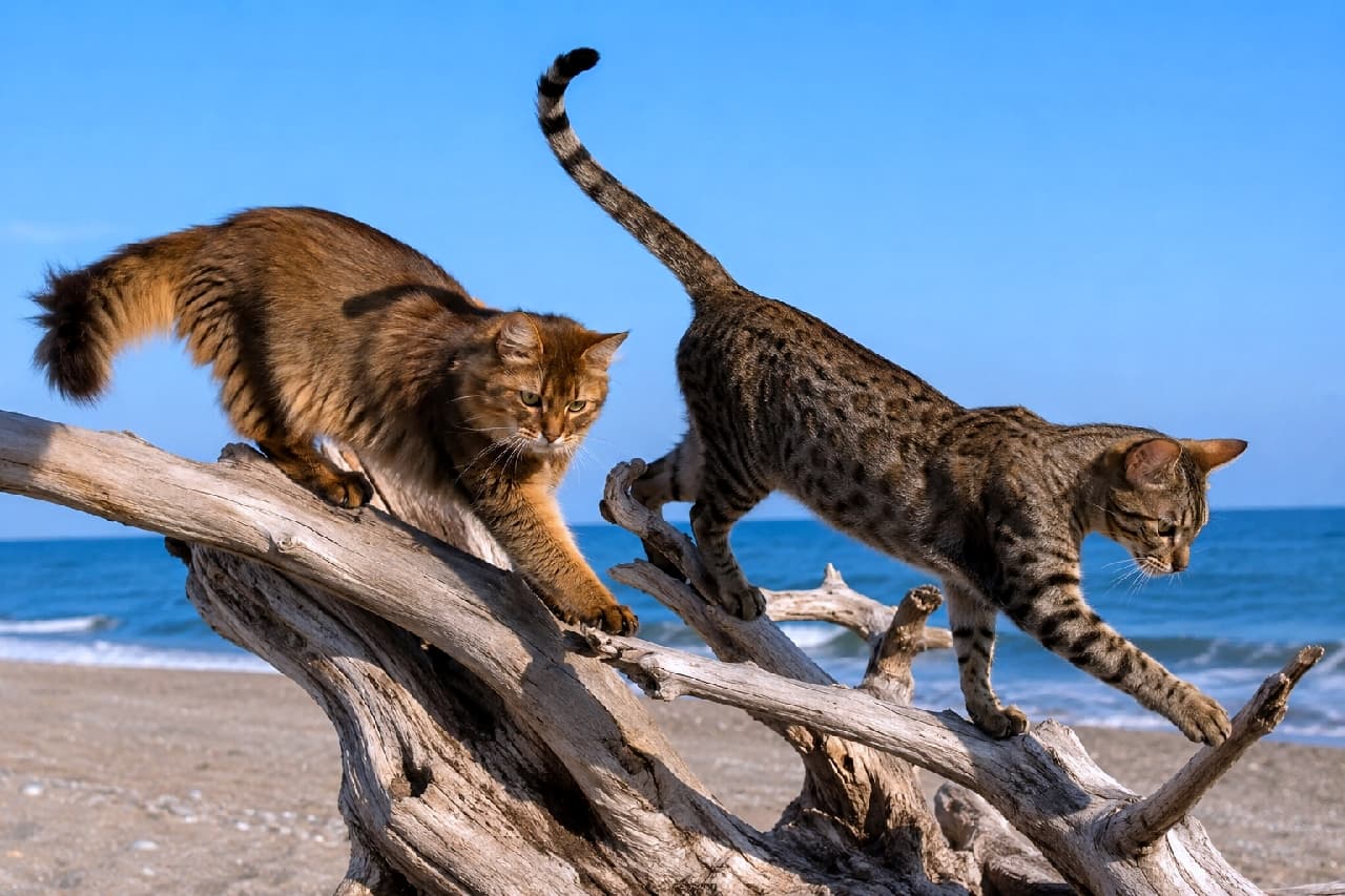 「未知の世界へしゅっぱーつ!🐾流木のアスレチックに挑むワイルドな二匹がかっこよすぎる✨ #ソマリ #オシキャット #海辺の冒険」Ultra-realistic high-quality photograph of two beautiful cats, a long-haired ruddy Somali cat and an Ocicat, walking agilely on a large piece of driftwood at the beach. The clear blue sky and ocean background highlight their adventurous expressions and dynamic poses. 晴れ渡る青空と海を背景に、浜辺の巨大な流木の上を歩く2匹の美しい猫。左側は長毛でふさふさの尻尾を持つソマリ猫、右側はしなやかな体躯と鮮やかな豹柄スポットが特徴的なオシキャットです。冒険心あふれる真剣な表情と躍動感のあるポーズが、野性味と自然の美しさを際立たせています