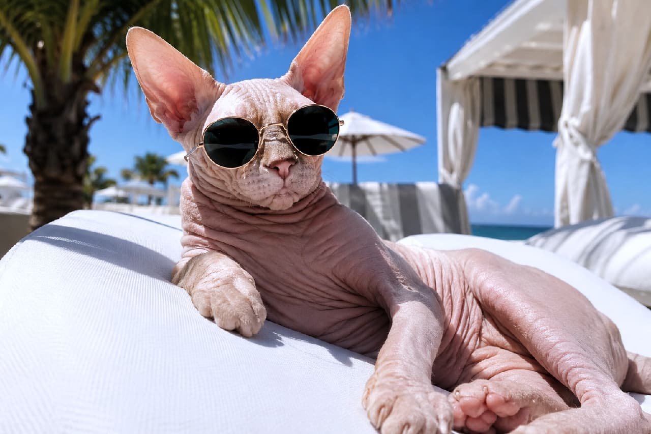 「セレブ気分の夏休み😎✨リゾートの特等席でくつろぐスフィンクス様に釘付け! #猫のバカンス #スフィンクス」Ultra-realistic high-quality photograph of a hairless Sphynx cat wearing round sunglasses, relaxing elegantly on a white cushion at a tropical beach resort. The cat's distinctive wrinkled pink skin is illuminated by bright sunlight, with palm trees, white cabanas, and a clear blue sky in the background. 晴れ渡る青空とヤシの木を背景に、真っ白なクッションの上でくつろぐスフィンクス猫。丸いヴィンテージ風のサングラスをかけ、特徴的な毛のないしわのあるピンク色の肌が自然光に美しく照らされています。高級リゾートのビーチカバナを思わせる背景が、ラグジュアリーで非日常的な雰囲気を演出