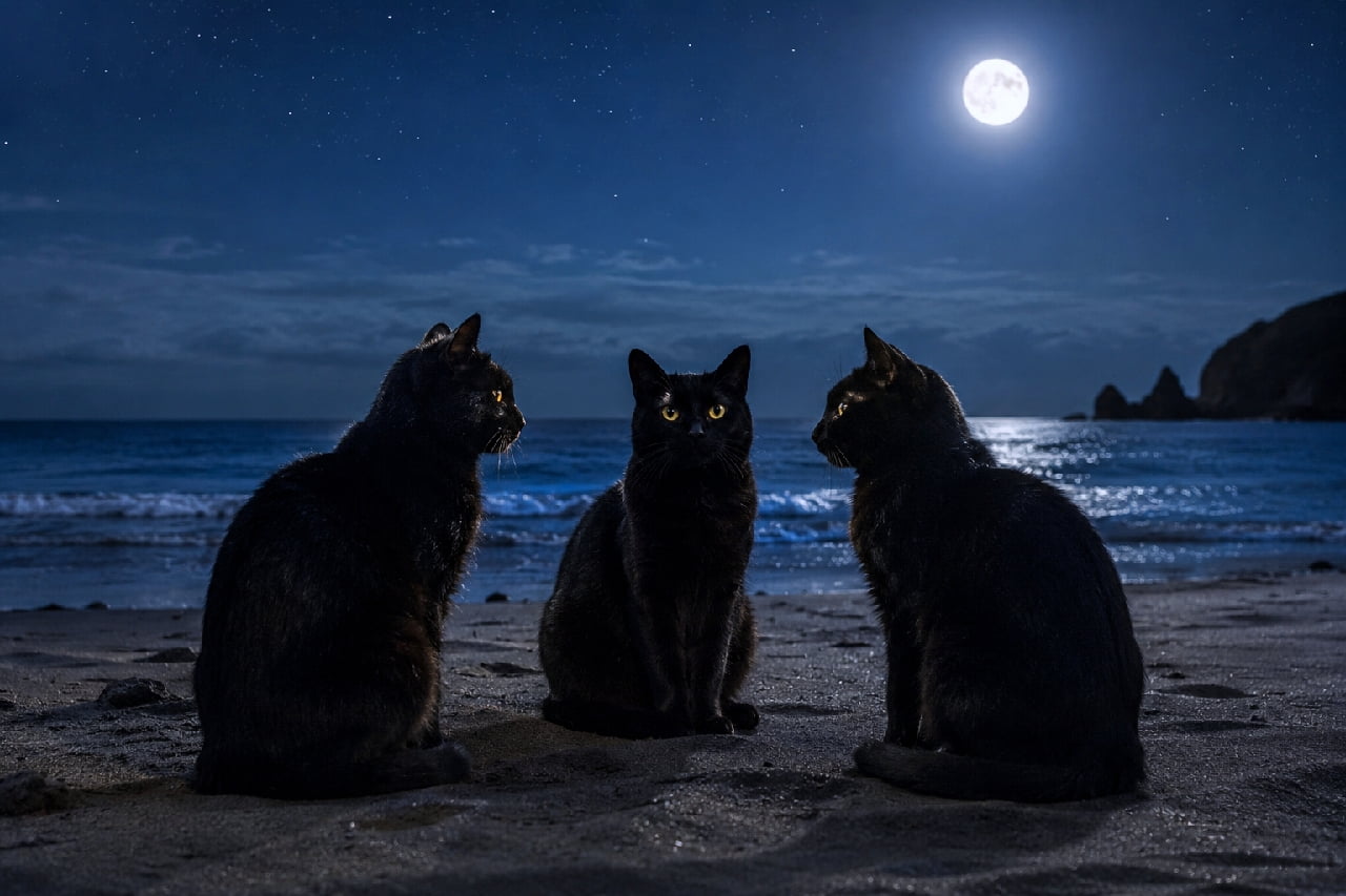 「満月の夜の秘密の集会へようこそ…🌕✨月明かりに照らされる黒猫たちの神秘的な姿にドキドキ🖤 #黒猫 #月夜の海」Ultra-realistic high-quality photograph of three mysterious black cats sitting on a sandy beach under a bright full moon. The dramatic moonlight highlights the piercing yellow eyes of the center cat, creating a magical, cinematic, and profoundly atmospheric night ocean scene. 煌々と輝く満月が照らす夜の海辺で、砂浜にお座りをして静かに佇む3匹の黒猫。深い闇夜の中で、中央の猫の鋭いイエローの瞳だけが神秘的に光を放っています。波の音だけが聞こえてきそうな静寂と、月明かりが作り出すドラマチックな陰影が、魔法使いの使い魔のようなファンタジーな雰囲気を醸し出しています