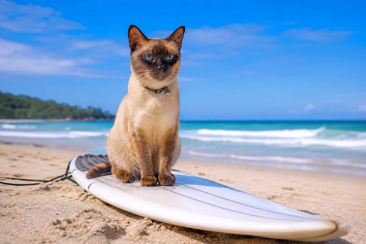 「サーフィン教えてあげるにゃ🏄♂️波の音に耳を澄ますブルーアイズのサーファーガール!🌊🩵 #トンキニーズ #サーフィン」Ultra-realistic high-quality photograph of an adult Tonkinese cat sitting on a white surfboard on a sunny sandy beach. The cat's piercing sapphire blue eyes and dark color points contrast perfectly with the vibrant turquoise waves and clear summer sky in the background. 夏の陽射しが降り注ぐ白い砂浜に置かれたサーフボードの上で、ちょこんとお座りをする美しい成猫のトンキニーズ。サファイアブルーの瞳と、顔や耳、足先に入ったダークブラウンのポイントカラーが、背後のエメラルドグリーンの波としぶきに鮮やかに映えています。首輪の鈴がアクセントになった、爽やかなビーチシーンです
