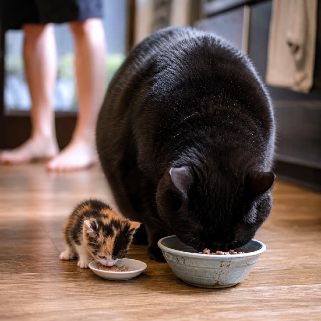 「頼れる黒猫お兄ちゃんと、一生懸命ハミハミする三毛子猫ちゃん。お家の日常が愛おしさでいっぱいです🐾🧡 #黒猫 #三毛猫 #もぐもぐ」An ultra-realistic high-quality photograph of a massive, glossy solid black cat and a tiny calico kitten eating side-by-side on a wooden kitchen floor. The blurred legs of a human in the background add a cozy, lived-in household atmosphere. 暖かみのある茶色のフローリングのキッチンの床で、丸々と太った大きな黒猫が青い陶器のボウルから食べ、そのすぐ隣で小さな三毛猫(キャリコ)の子猫が白い小皿から食事をしている写真。背景には人の裸足の足元がぼやけて写る、生活感あふれるワンシーン