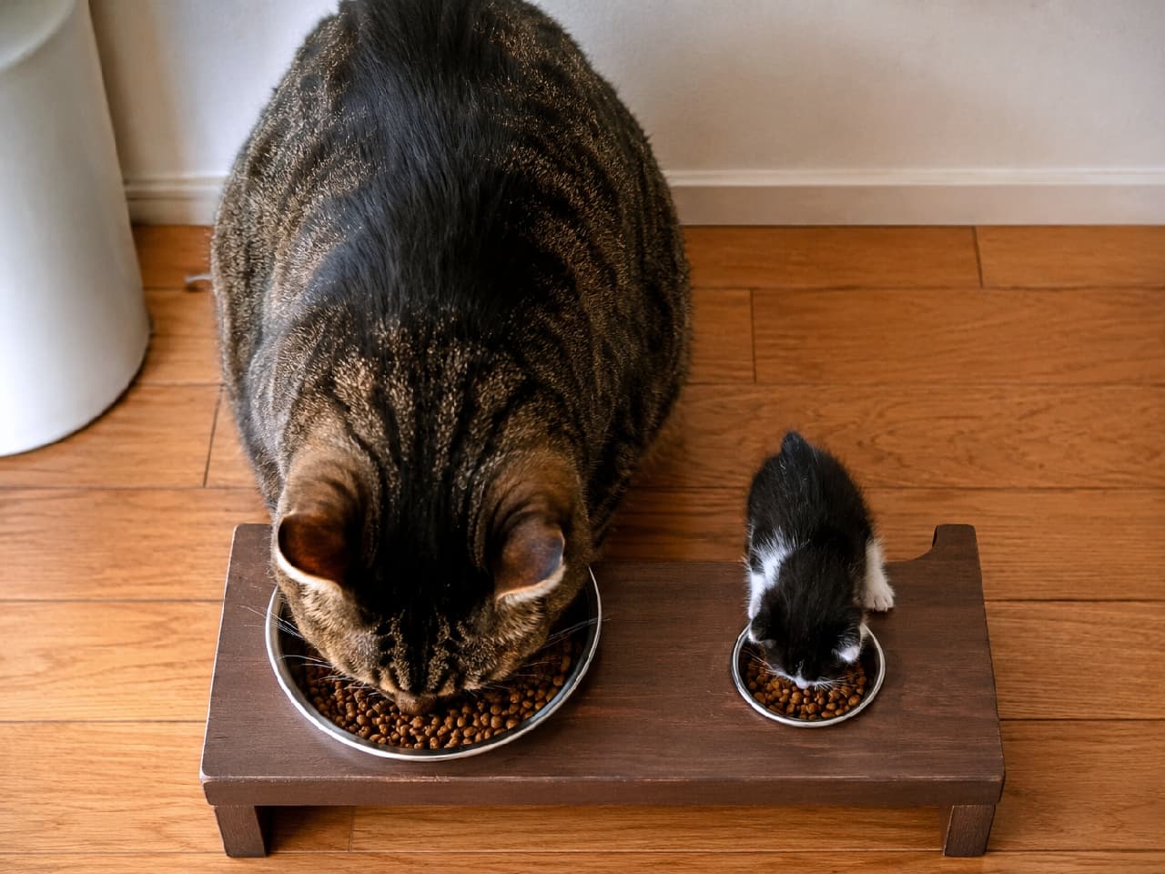 「お揃いの特等席でディナータイム🍽ふくよかなキジトラ先輩と、極小ハチワレちゃんのスマートな食卓✨ #猫の食事 #ペット用」An ultra-realistic high-quality photograph from a bird's-eye view, showcasing a large, heavy-set brown tabby cat and a tiny black-and-white tuxedo kitten eating from a double wooden pet feeder. The clean alignment and identical poses on the polished wooden floor create a satisfying, geometric layout. 温かみのあるフローリングに置かれたダークブラウンの2口木製ペットフィーダー。左側の大きなステンレスボウルから豪快に食べる丸々と太ったブラウンタビ―(キジトラ)と、右側の小さなボウルからちんまりと食べる、白黒ハチワレの子猫を真上から捉えたモダンな俯瞰写真