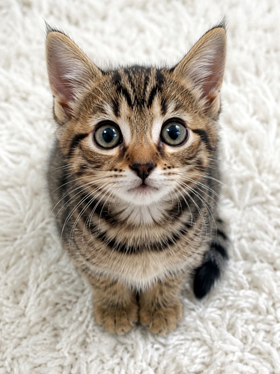 「おててを揃えて何をおねだりしてるの？🐾💕王道のキジトラちゃんの上目遣いは破壊力抜群です💥 #キジトラ #ブラウンタビー #子猫のいる生活 #ねこ部 #猫好き #にゃんだふるらいふ #子猫のいる暮らし #にゃんすたぐらむ #子猫」Ultra-realistic high-quality photograph of a brown tabby kitten under 8 weeks old with a classic M-shaped mark on its forehead and large olive-green eyes, captured from a high angle looking straight up while sitting on a fluffy white rug. ふかふかの白いシャギーラグの上で、お行儀よく前足を揃えて真上を見上げる生後8週未満のブラウンタビー（キジトラ）の子猫。額の美しいM字マークとくっきりとした縞模様、そして顔の半分を占めるかのような大きく丸いオリーブグリーンの瞳が印象的な俯瞰ショット