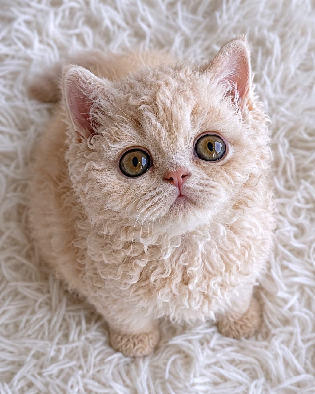 「ぬいぐるみじゃありません、本物です🧸☁️もふもふクリーム色の妖精に心奪われちゃいますね✨ #クリームタビー #巻き毛猫 #ねこのいる幸せ #セルカークレックス #子猫のいる暮らし #子猫のいる生活 #ねこ部 #猫好き #にゃんだふるらいふ #子猫のいる暮らし #にゃんすたぐらむ #子猫」Ultra-realistic high-quality photograph of a cream-colored Selkirk Rex kitten with thick under 8 weeks old with dense curly fur, looking directly up with massive hazel-brown eyes, blending softly into a fluffy white shaggy rug in a close-up high-angle shot. 白いシャギーラグに同化しそうなほど淡く柔らかなクリーム色の被毛を持つ、生後8週未満のセルカークレックスの子猫。全身を覆う細かな巻き毛のテクスチャと、淡い被毛によく映える大きくて丸いヘーゼルブラウンの瞳が、真上を見上げる愛らしいポーズで捉えられています