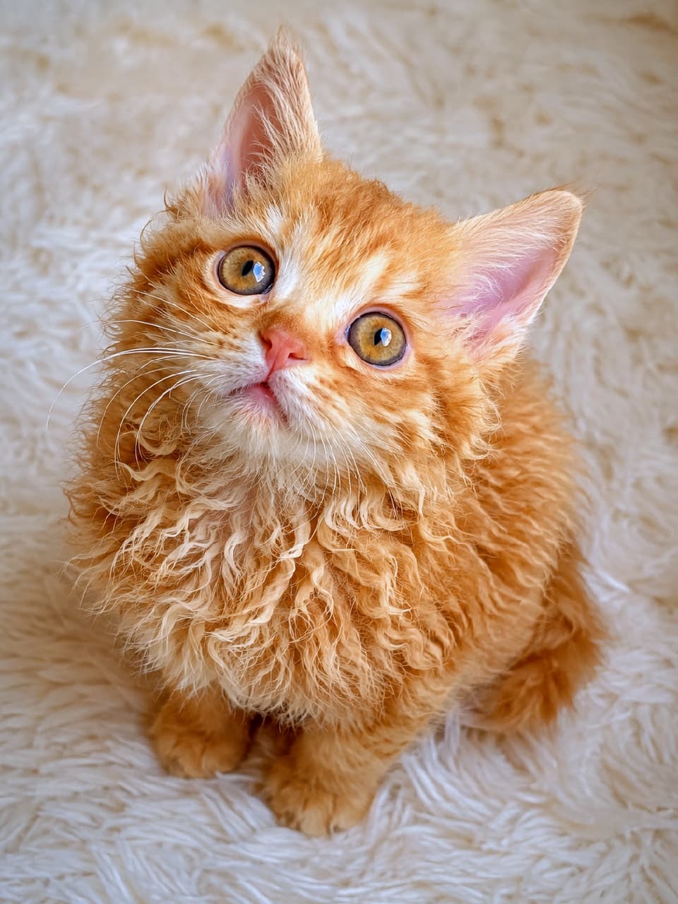 「ふわふわ？もこもこ？触り心地が気になりすぎる巻き毛ちゃん☁️🧡ずっと見つめていたい…🥺 #オレンジタビー #ラパーマ #巻き毛猫 #子猫のいる生活 #ねこ部 #猫好き #にゃんだふるらいふ #子猫のいる暮らし #にゃんすたぐらむ #子猫」Ultra-realistic high-quality photograph of an orange tabby LaPerm kitten under 8 weeks old with curly fur looking up with bright hazel eyes while sitting on a white shaggy rug bathed in warm sunlight. 柔らかな日差しを浴びて、白いシャギーラグの上でお座りしながら上目遣いをする生後8週未満のオレンジタビーのラパーマ子猫。全身の細やかな巻き毛が光をふんわりと反射し、透き通るようなヘーゼルの瞳が純真無垢な表情を際立たせています