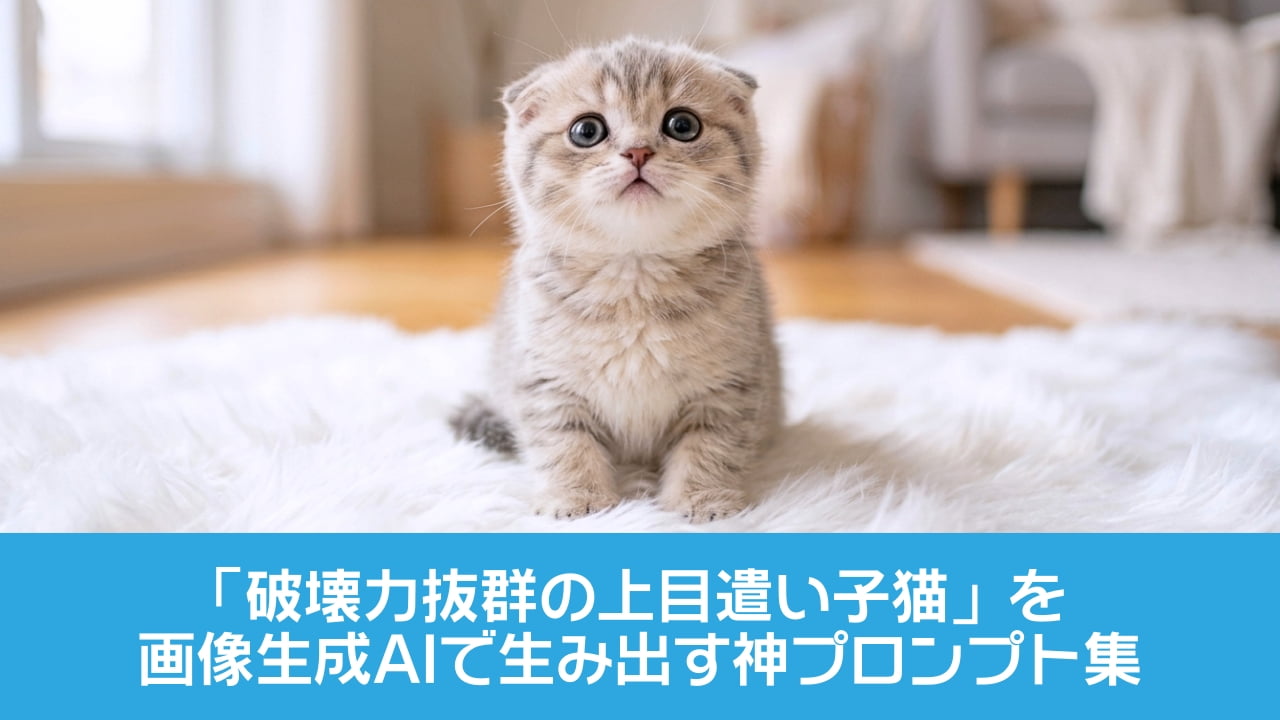 「「ねぇねぇ、あそんでくれる…？🥺」うるうる上目遣いにキュン死確定！天使すぎる子猫ちゃんに癒やされて💕 #猫のいる暮らし #スコティッシュフォールド」An ultra-realistic high-quality photograph of an adorable Scottish Fold kitten with soft silver tabby fur, sitting on a fluffy white rug and looking up with big round dark eyes in a bright, sunlit modern living room. 明るく清潔感あふれる北欧風リビングの白いファーラグの上で、ちょこんと座りあごを上げて上目遣いで見つめるスコティッシュフォールド（たれ耳）の幼い子猫。淡いシルバータビーの柔らかくふわふわな被毛と、吸い込まれそうなほど丸く大きな黒目がちの瞳が印象的。大きな窓から差し込む優しい自然光が背景のソファやインテリアを柔らかくボカし、子猫の愛くるしさを引き立てるピュアで幻想的な情景