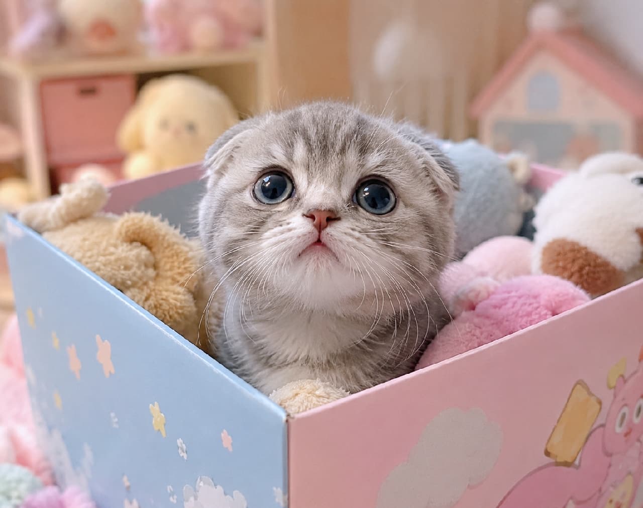 「おもちゃ箱からひょっこり🧸💕こんなお顔で見つめられたら何も言えない🥺 #スコティッシュフォールド #子猫 #ねこ部 #猫のいる暮らし」Ultra-realistic high-quality photograph of an adorable Scottish Fold kitten under 8 weeks old with a silver tabby coat and folded ears, looking up from inside a pastel-colored box surrounded by soft plush toys in a magical, warm setting. パステルピンクと水色のポップなイラストが描かれた箱の中から、身を乗り出すように上目遣いをする生後8週未満のスコティッシュフォールドの子猫。特徴的な折れ耳とシルバータビーの被毛、まん丸の大きな瞳が愛らしく、周囲のぬいぐるみと相まっておもちゃ箱のようなメルヘンな雰囲気