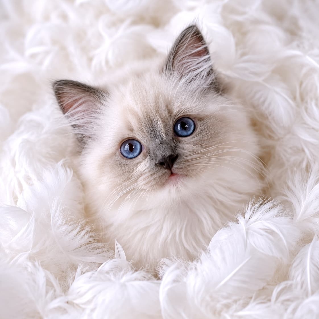 「ふわふわの羽毛に埋もれる天使を発見👼🤍この上目遣いに吸い込まれそう…！ #子猫 #ラグドール #猫のいる暮らし」Ultra-realistic high-quality photograph of a fluffy Ragdoll kitten under 8 weeks old with striking sapphire blue eyes and seal point markings, looking up while surrounded by pure white soft feathers in dreamy, gentle lighting. 画面いっぱいの純白のふわふわとした羽毛に包まれ、こちらをじっと見つめる生後8週未満のラグドール風の子猫。美しいサファイアブルーの瞳と、顔周りの淡いシールカラーのグラデーションが印象的。柔らかな自然光が天使のような情景を際立たせています