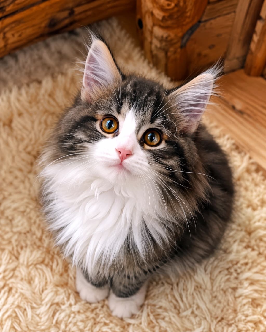「綺麗なお顔のハチワレちゃん🐾✨フサフサのお耳も立派でしょ？🐈 #ノルウェージャンフォレストキャット #ハチワレ #ねこ部 #猫好き #にゃんだふるらいふ #子猫のいる暮らし #にゃんすたぐらむ #子猫」Ultra-realistic high-quality photograph of a fluffy Norwegian Forest Cat kitten under 8 weeks old with a brown tabby and white bicolor coat, looking up with large amber eyes while sitting on a beige shaggy rug against a rustic wooden background. ログハウス調の木の壁と床を背景に、ベージュのシャギーラグの上にちょこんと座って見上げる生後8週未満のノルウェージャンフォレストキャットの子猫。ブラウンタビーと顔の中心を抜ける美しい白のハチワレ模様、知性を感じさせる琥珀色の瞳が印象的