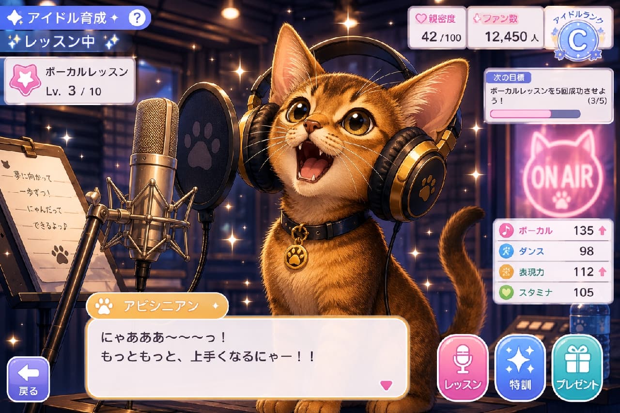 「もっともっと上手くなるにゃー!!🎶 猛特訓中のボーカルレッスン🎧 応援してね✨ #アビシニアン #歌ってみた」Ultra-realistic high-quality photograph of a ruddy Abyssinian kitten taking a vocal lesson in a recording studio. The kitten wears large black and gold headphones and is singing passionately into a condenser microphone. The background features warm lighting, a music stand, and a pink "ON AIR" neon sign. レコーディングスタジオのコンデンサーマイクに向かって、一生懸命に声を張り上げるルディカラーのアビシニアンの子猫。頭には大きな黒とゴールドのヘッドホンを装着し、肉球チャーム付きの首輪をつけています。琥珀色の美しい瞳は上を見上げ、背景には温かみのある照明と「ON AIR」のネオンサインが輝いています