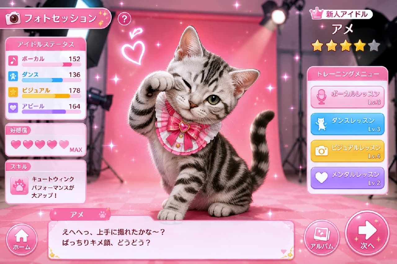 「ばっちりキメ顔、どうどう?😉💖 アナタのハートを撃ち抜くにゃ!💘 #アメショ #アイドル猫」Ultra-realistic high-quality photograph of a silver tabby American Shorthair kitten having a photo session. The kitten is striking a perfect idol pose, winking one eye and holding a paw near its face. It wears a cute pink frilly choker with a heart jewel. The background is a pink studio setup with professional lighting equipment and sparkling effects. ピンク色の背景紙がセットされた撮影スタジオで、完璧なアイドルスマイルとウィンクを披露するシルバータビーのアメリカンショートヘアの子猫。片手を顔の横に添えるキュートなポーズで、首にはハートの宝石がついたピンクのフリルチョーカーを着けています。周囲には撮影用のストロボ照明が配置され、キラキラとしたエフェクトが舞っています