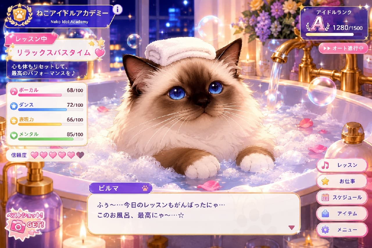 「「ふぅ~…今日もおつかれさまにゃ。心も体もリセットして、明日もがんばるにゃん🛁✨」癒しの極上バスタイム💖」Ultra-realistic high-quality photograph of a gorgeous Birman cat with deep sapphire blue eyes relaxing in a luxurious bubble bath. The cat has a folded white towel on its head and its cute white-mitted paws are resting on the bubbles, surrounded by floating pink rose petals and romantic candlelight. キャンドルの灯りと夜景がロマンチックなバスルームで、美しいサファイアブルーの瞳を持つビルマ(バーマン)が、頭に小さな白いタオルを乗せて優雅に泡風呂に浸かっています。ピンクのバラの花びらが浮かぶモコモコの泡から、白い手袋のような前足がちょこんと覗く、至福のリラックスタイムを描いています