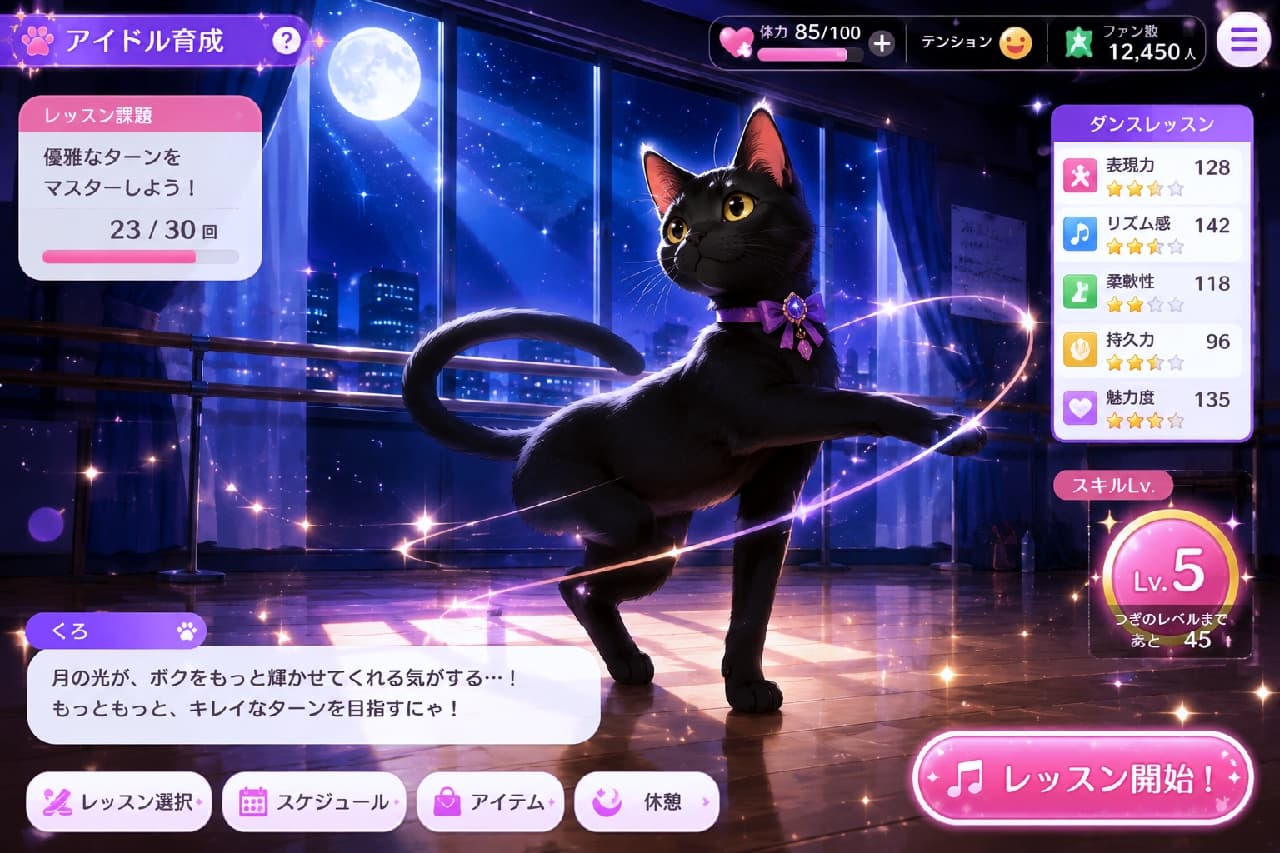 「「月の光が、ボクをもっと輝かせてくれる気がするにゃ…!もっともっと、キレイなターンを目指すにゃ!」🌕✨ 静かな夜の猛特訓🐾 #黒猫 #ダンスレッスン #月光ダンス」Ultra-realistic high-quality photograph of a sleek black cat named Kuro practicing a graceful dance turn in a dark studio at night. A huge, luminous full moon and city lights are visible through the large glass window in the background. The cat wears a purple ribbon collar with a jewel, and is surrounded by swirling, magical golden sparkles. The polished wooden floor reflects the bright moonlight beautifully. 夜のダンス練習スタジオ。大きなガラス窓の向こうには輝く都会の夜景と、夜空に浮かぶ巨大な満月が見えます。紫色のリボンチョーカーを身につけた、しなやかな体躯の美しい黒猫「くろ」が、つま先立ちで滑らかなバレエのターンを決めています。猫の体をなぞるようにゴールドのキラキラとした魔法のような光が渦を巻き、木目調の床には月明かりが美しく反射しています