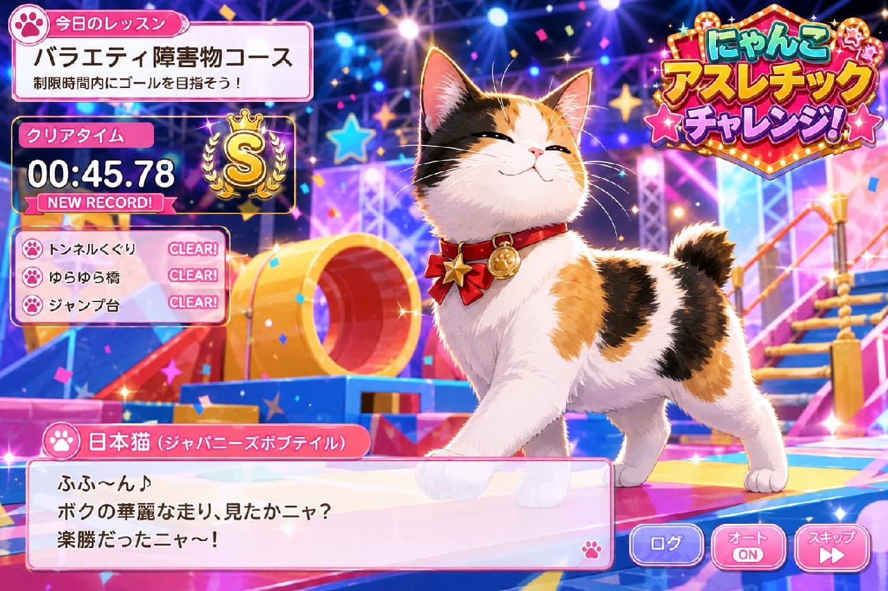「「ふふ〜ん♪ ボクの華麗な走り、見たかニャ?楽勝だったニャ〜!」🏅🐾 次の障害物も一番乗りだにゃ! #三毛猫 #アスレチック #Sランク」Ultra-realistic high-quality photograph of a Japanese Bobtail calico cat celebrating its success in an athletic obstacle course challenge. The cat wears a red collar with a gold star and has an extremely proud and cute smiling face. The background is a brightly colored playground with climbing structures, tunnels, and dazzling stage lights, showing an "S" rank clear score on the UI overlay. バラエティ障害物コースを完全制覇した「にゃんこアスレチックチャレンジ」のリザルト画面。赤とゴールドの星マーク付き首輪をつけた三毛猫(ジャパニーズボブテイル)が、誇らしげな笑顔でキャットウォークをトコトコと歩いています。背景にはカラフルなトンネルやゆらゆら橋、きらびやかなライブ照明が広がり、画面左には「00:45.78」のベストタイムと「S」ランクのゴールドメダルが表示されています