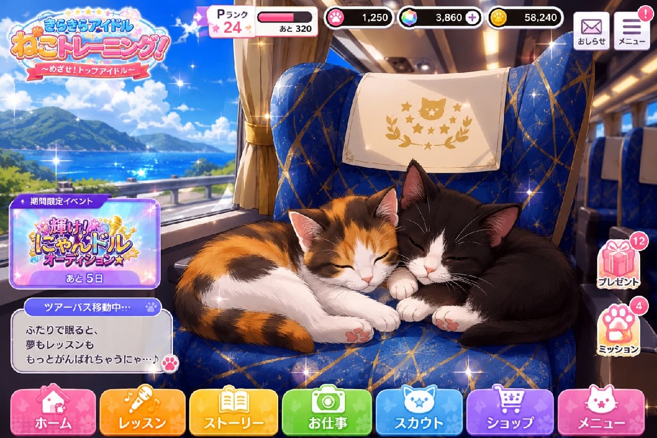 「ツアーの移動中はスヤスヤお昼寝タイム💤 ふたりの無防備な寝顔が、最高のご褒美だにゃん🌊🚌💖」Ultra-realistic high-quality photograph of an adorable calico kitten and a black-and-white tuxedo kitten sleeping peacefully tightly curled up together on a blue tour bus seat, with a sparkling blue ocean visible through the window. 太陽の光が差し込むツアーバスの青いシートの上で、三毛猫と黒白のハチワレの子猫が身を寄せ合ってスヤスヤと眠っています。車窓の向こうにはキラキラと輝く青い海と空が広がり、平和で穏やかな時間が流れています