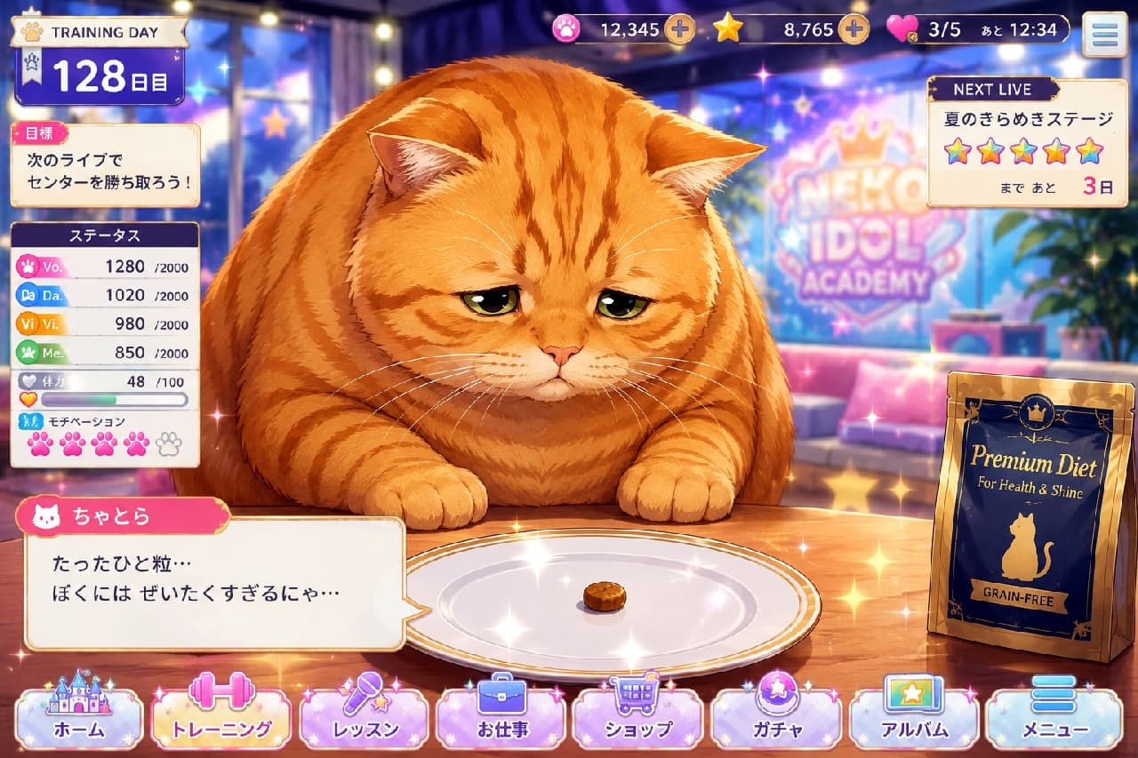 「「た、たったひと粒……ぼくには刺激が強すぎるダイエットだにゃ…😿」センターを目指す茶トラ君の過酷な試練!🥗」Ultra-realistic high-quality photograph of a very chubby, adorable orange tabby cat looking with comical sadness at a single piece of dry cat food on a large white plate. A bag of "Premium Diet" food sits nearby, highlighting the rigorous and dramatic weight management struggles of a cat idol. アイドルアカデミーの食堂で、ぽっちゃりとした体型が愛らしい茶トラ猫が、大きな白いお皿の真ん中にぽつんと置かれた「たった1粒のダイエットフード」を、大きな垂れ目で悲しそうに見つめています。隣には「Premium Diet」と書かれた高級そうなパッケージが置かれ、アイドルの厳しい体重管理の現実がコミカルに描かれています