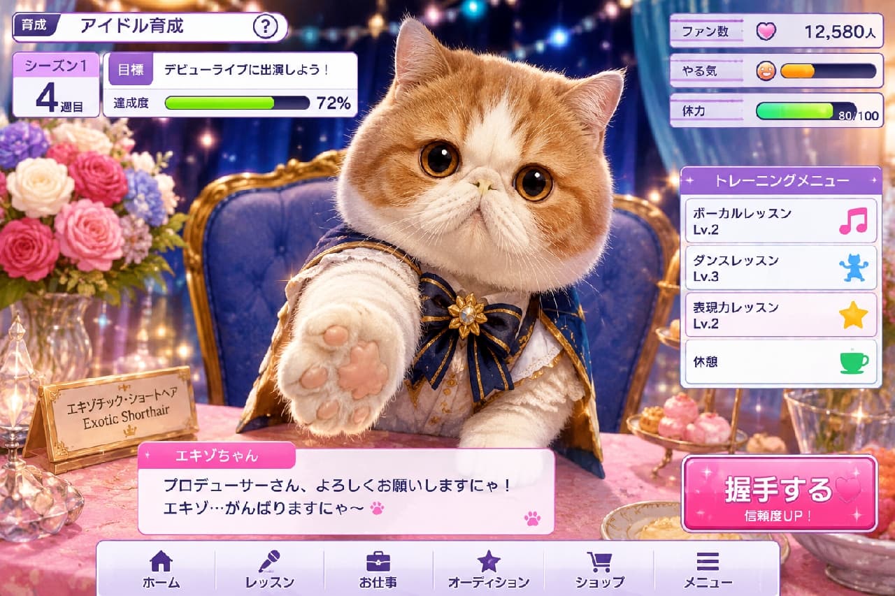 「「プロデューサーさん、よろしくにゃ🐾」エキゾちゃんのむっちりおててにメロメロ!はじめての握手会💖」Ultra-realistic high-quality photograph of an orange and white Exotic Shorthair cat wearing a luxurious blue and gold starry cape, reaching out its fluffy paw for a handshake in an elegant room with pink roses. きらびやかなシャンデリアとピンクの薔薇が飾られた優雅な部屋で、ブルーとゴールドの豪奢なマントを羽織ったオレンジ白のエキゾチックショートヘアが、大きな丸い瞳で見つめながらふっくらとした肉球をカメラに向けて握手を求めています