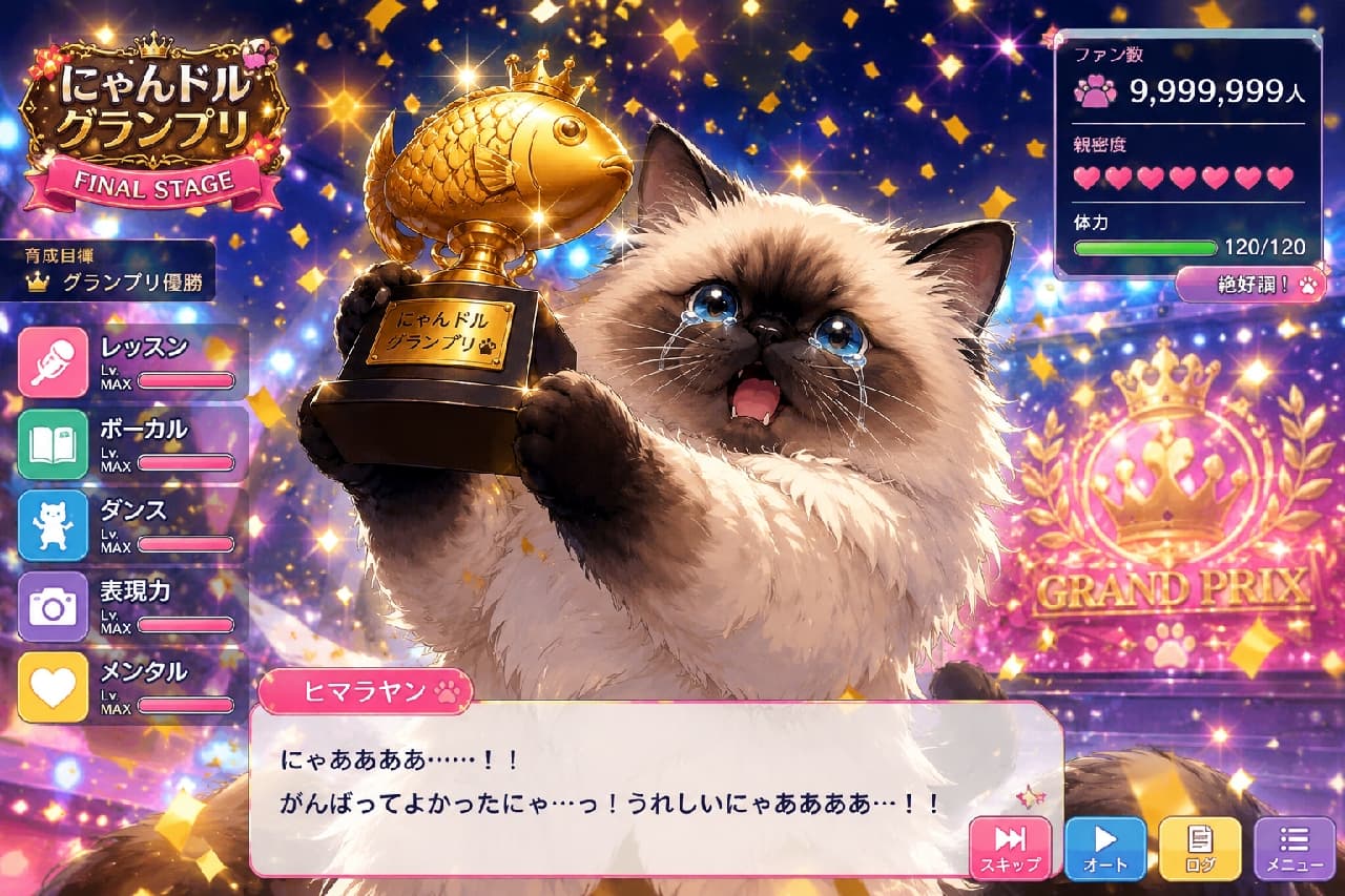 「にゃあああああ…!😭🏆 がんばってよかった!みんなの応援のおかげで、ついに頂点に立ったにゃん!✨」Ultra-realistic high-quality photograph of a fluffy Himalayan cat on a dazzling stage, crying shining tears of joy while holding a heavy golden fish-shaped trophy high above its head amidst golden confetti. まばゆい黄金の紙吹雪が舞うステージで、モフモフの毛並みを持つヒマラヤンが、立派な黄金の魚型トロフィーを両手で高く掲げています。感極まって大粒の涙を流しながら喜ぶ表情が、ライトに照らされて劇的に輝いています