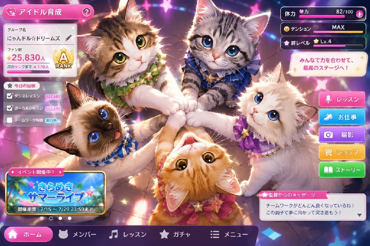 「「みんなで絶対、トップアイドルになるにゃ!」🐾✨ 絆の円陣で気合い十分!応援よろしくにゃん💖」Ultra-realistic high-quality photograph of five adorable kitten idols (tabby and white, silver tabby, white, orange tabby, and Siamese mix) in colorful stage outfits, forming a circle and putting their paws together in solidarity on a stage illuminated by dazzling starlight. 煌めく星屑のような照明が輝くステージで、アイドルグループ「にゃんドル☆ドリームズ」の5匹の子猫(キジ白、サバトラ、白猫、茶トラ、シャムミックス)が、色とりどりのリボンや星のアクセサリーが付いた衣装を身にまとい、上を見上げながら可愛らしい肉球を合わせて円陣を組んでいます。希望に満ちたキラキラとした瞳が印象的です