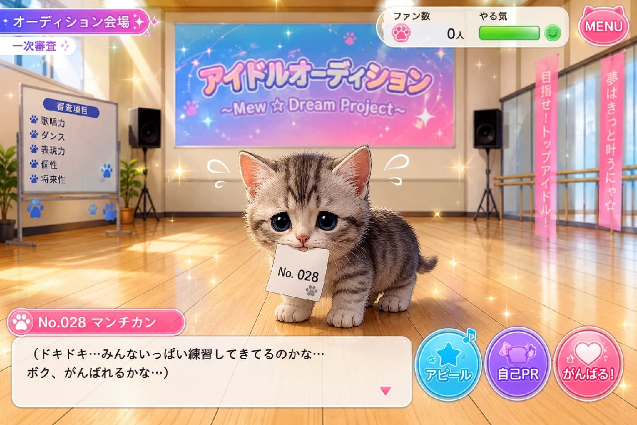 「ドキドキ…ボク、がんばれるかな…?🥺 応援してくれたら勇気が出るにゃ🐾 #オーディション #マンチカン」Ultra-realistic high-quality photograph of a silver tabby Munchkin kitten standing nervously at an audition venue. The adorable kitten has big, slightly tearful blue eyes looking upward, holding a paper tag "No. 028" in its mouth. The background features a large audition banner, speakers, and beautiful sunlight streaming across the wooden floor. オーディション会場の広いフローリングの床にポツンと立つ、シルバータビーのマンチカンの子猫。不安そうに上目遣いをする大きな青い瞳には涙が浮かび、口には「No.028」と書かれたゼッケンをくわえています。背景には「アイドルオーディション」の看板やスピーカーがあり、緊張感が漂う光のニュアンスが描かれています