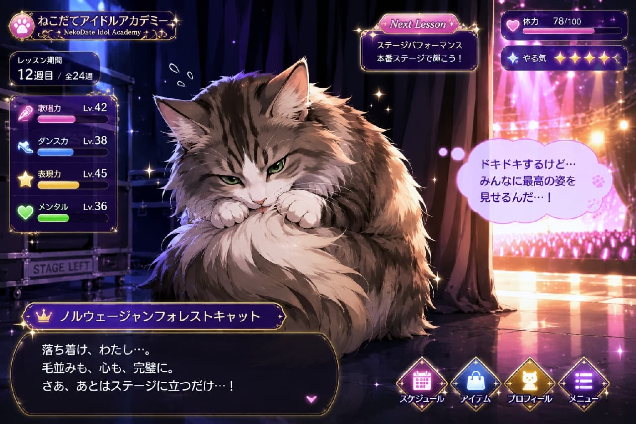 「「落ち着け、わたし…。毛並みも、心も、完璧に。さあ、あとはステージに立つだけ…!」ドキドキの瞬間、一緒に行くにゃ…!🎤✨ #ノルウェージャンフォレストキャット #舞台裏」Ultra-realistic high-quality photograph of a fluffy tabby-and-white Norwegian Forest Cat backstage just before its performance. The cat has striking green eyes and is licking its massive, fluffy tail to calm its nerves. Through the gaps in the dark backstage curtains, the dazzling lights and glowing audience of the live stage can be seen. ライブ本番直前の、薄暗い舞台裏(ステージ袖)。神秘的なグリーンの瞳をした、長毛でふさふさなタビー&ホワイトのノルウェージャンフォレストキャットが、緊張をほぐすために自身のボリューミーな尻尾をペロペロと毛づくろいしています。カーテンの隙間からは、満員のファンのペンライトとまばゆい照明で眩しく輝くメインステージが見えています